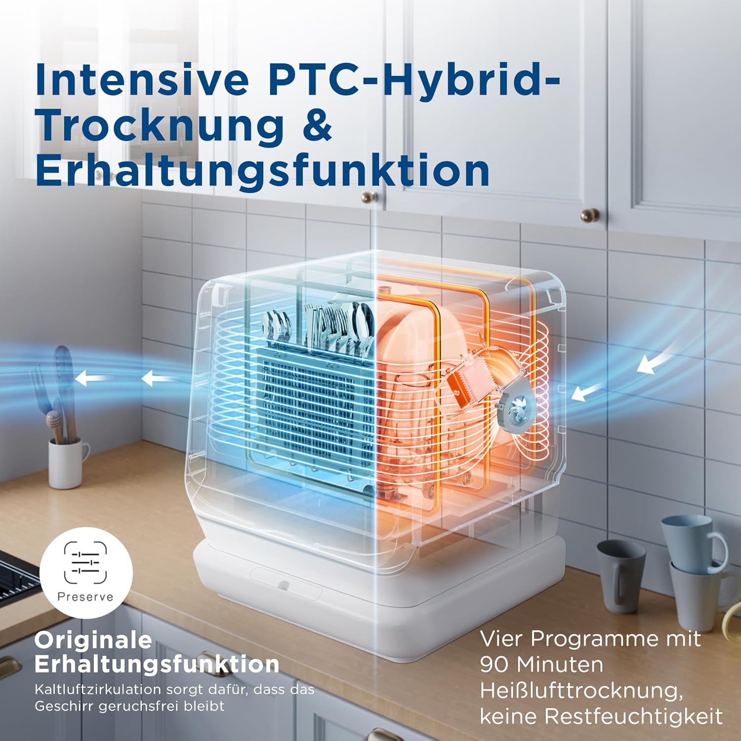 Gudsunal Tafelvaatwasser, Mini vaatwasser met 7L watertank, geen wateraansluiting, 6 programma's, 72°C hoge temperatuur hygiëne, hybride drogen & onderhoudsfunctie, kleine vaatwasser voor op de camping