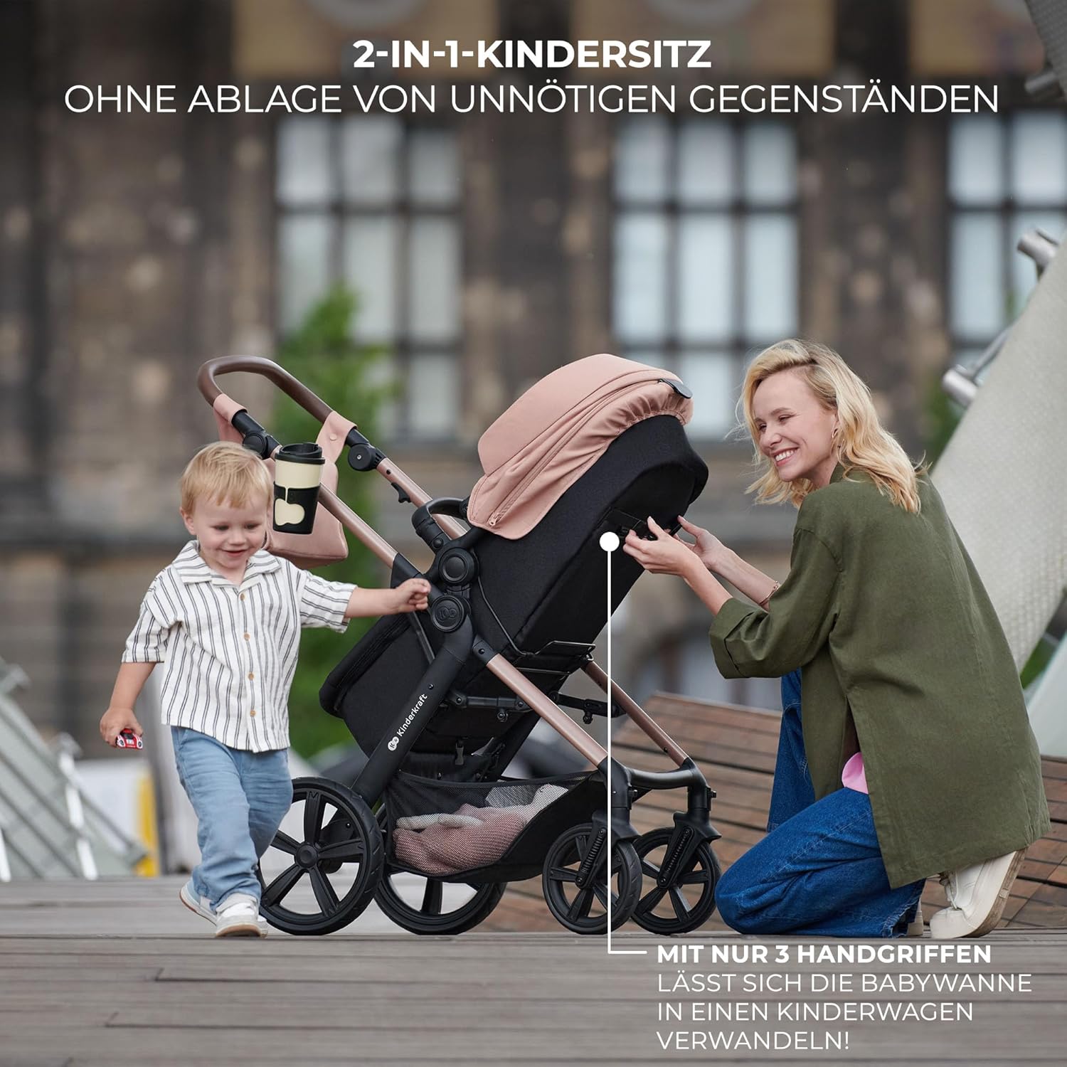 Kinderkraft MOOV2 AIR Kinderwagen 3 in 1 Kinderwagenset tot 26 kg met autostoel I-SIZE 40-75 cm, buggyfunctie, verstelbare ligstand, grote uitschuifbare kap, opblaasbare wielen, zwart