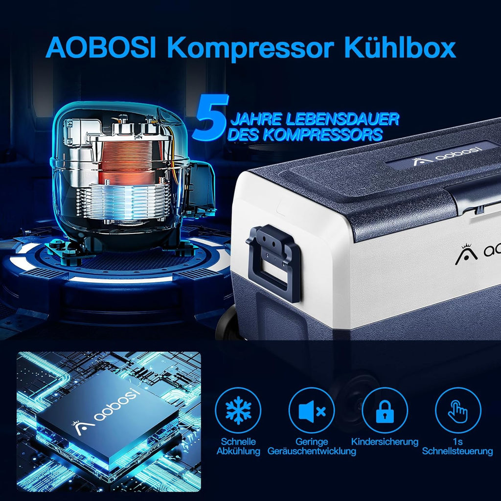 AAOBOSI Compressor Koelbox 36 L, Koelbox Auto met Wifi App Besturing, 12/24 V en 100-240 V Elektrische Koelbox, tot -20 °C voor Auto, Vrachtwagen, Boot, Camper, Camping, Dubbele Zone
