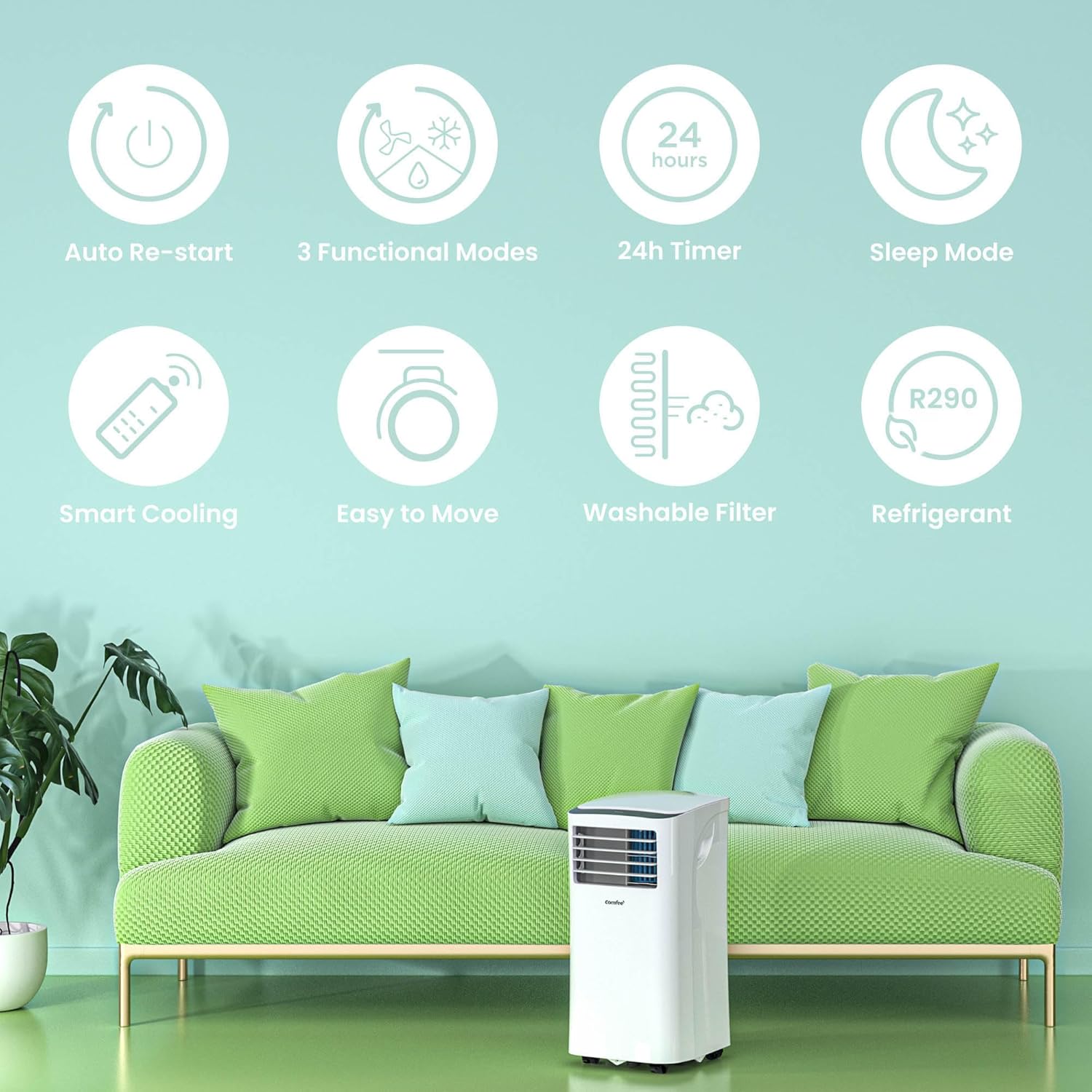Comfee Mobiele Airco MPPH-09CRN7, 9000 BTU 2,6kW, Koelen&Ventileren&Ontvochtigen, Ruimtegrootte tot 88m³(33㎡), Mobiele Airconditioner met Afvoerslang
