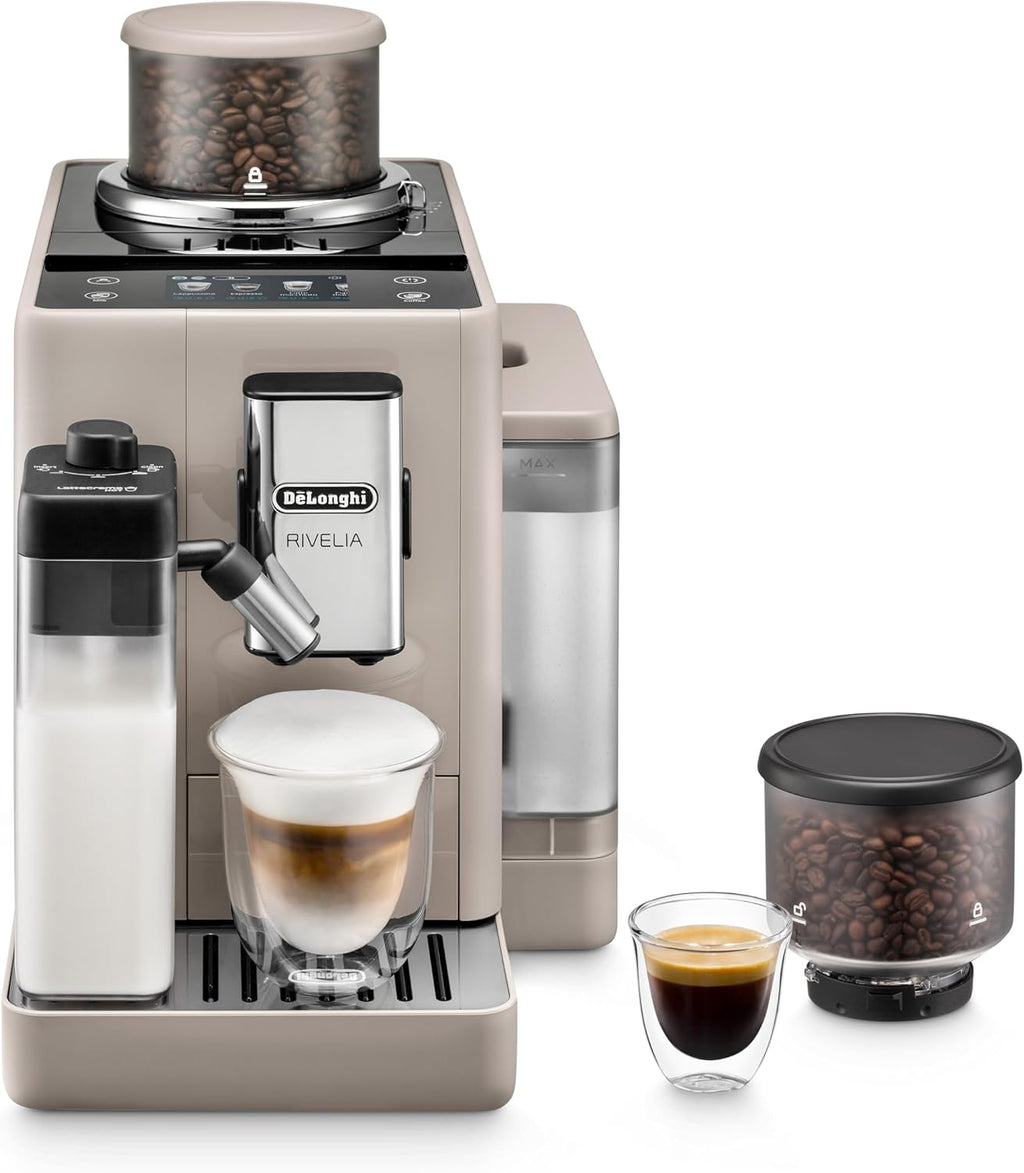 De'Longhi Rivelia EXAM440.55.W volautomatische espressomachine met LatteCrema-melksysteem, verwisselbaar bonenreservoir, 16 koffie- en melkdranken met één druk op de knop, Extra-Shot-functie, 3,5 inch touchscreen, wit