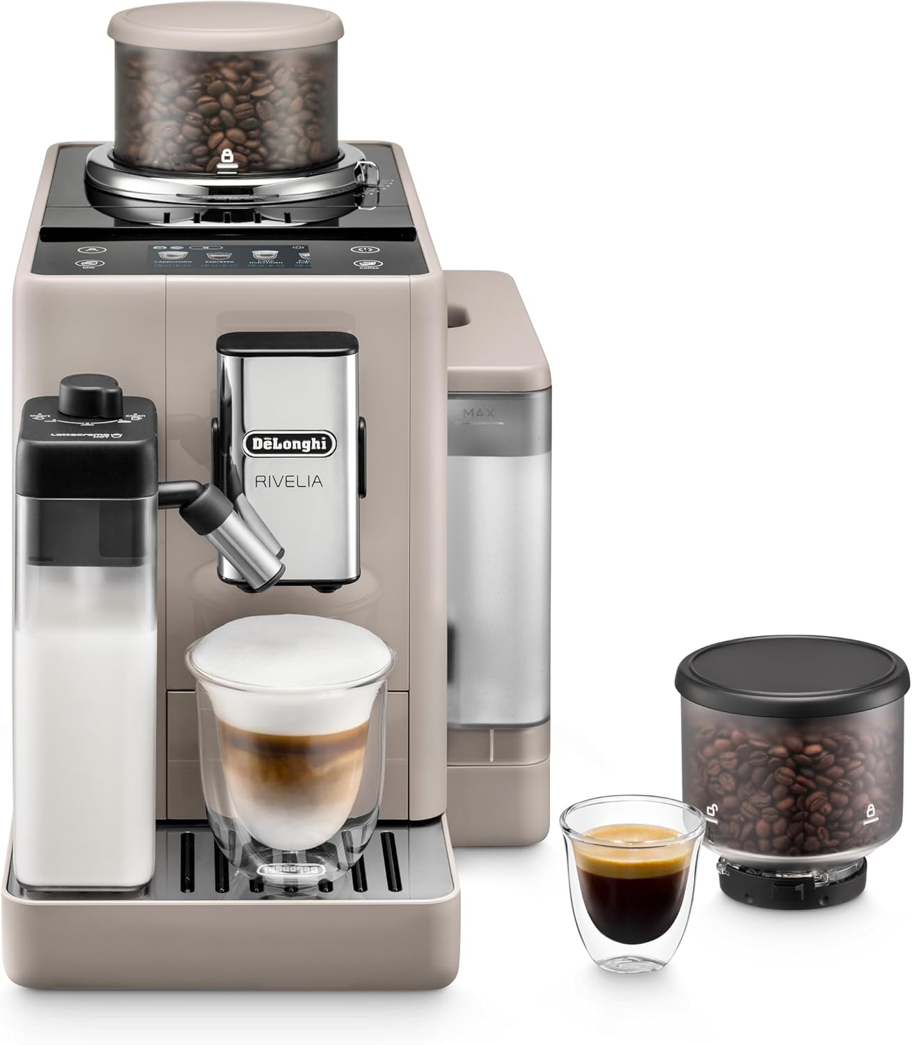 De'Longhi Rivelia EXAM440.55.W volautomatische espressomachine met LatteCrema-melksysteem, verwisselbaar bonenreservoir, 16 koffie- en melkdranken met één druk op de knop, Extra-Shot-functie, 3,5 inch touchscreen, wit