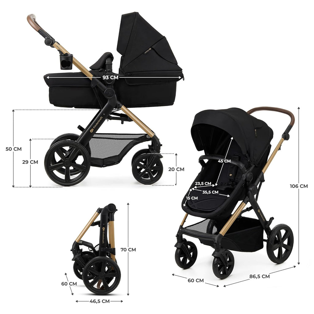 Kinderkraft MOOV2 AIR Kinderwagen 3 in 1 Kinderwagenset tot 26 kg met autostoel I-SIZE 40-75 cm, buggyfunctie, verstelbare ligstand, grote uitschuifbare kap, opblaasbare wielen, zwart