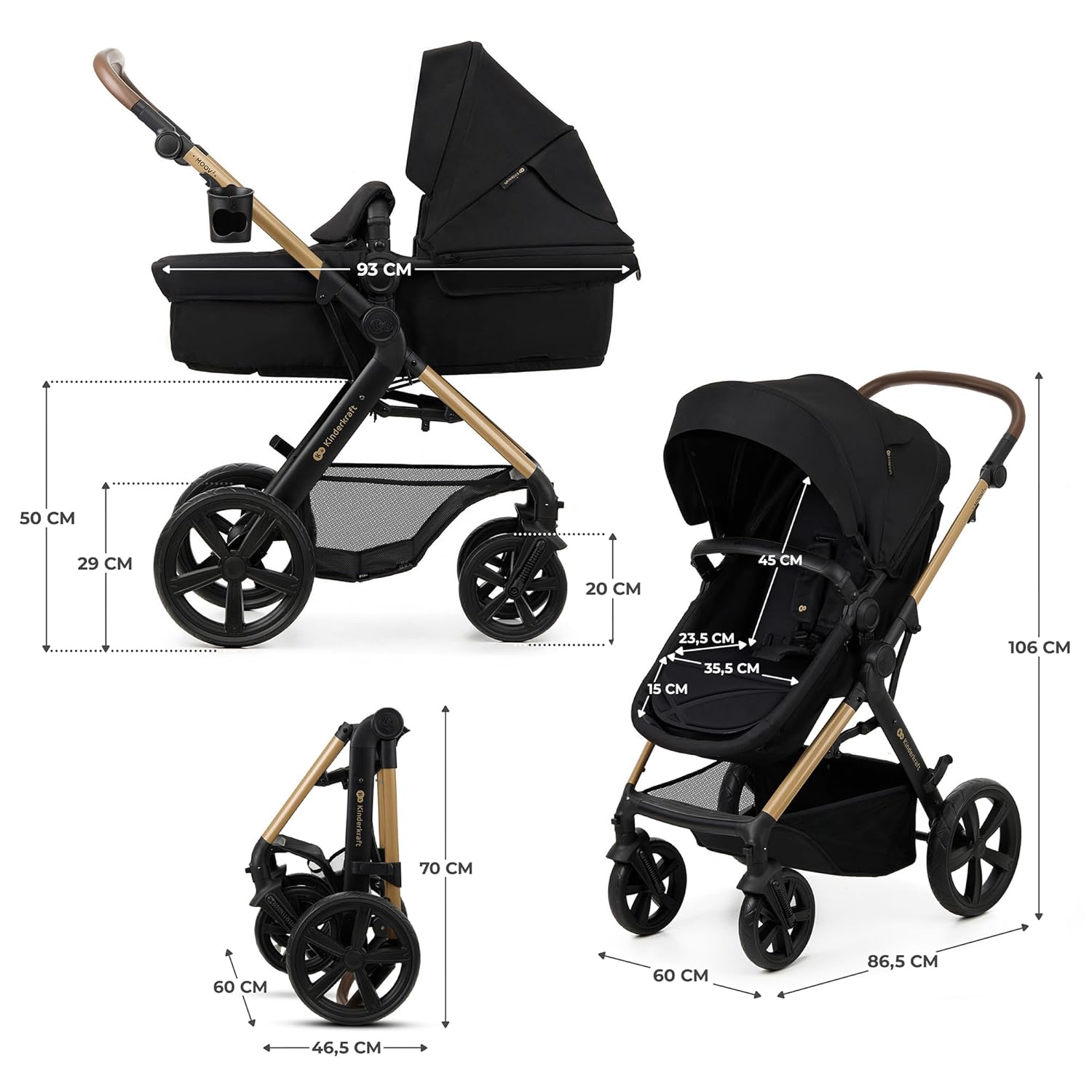 Kinderkraft MOOV2 AIR Kinderwagen 3 in 1 Kinderwagenset tot 26 kg met autostoel I-SIZE 40-75 cm, buggyfunctie, verstelbare ligstand, grote uitschuifbare kap, opblaasbare wielen, zwart