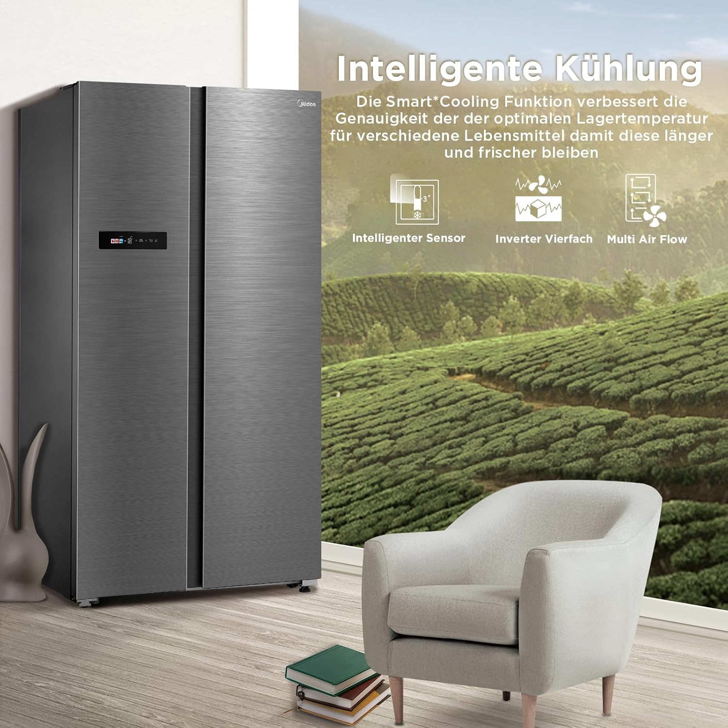 Midea KS-DDX 6.32 WT Amerikaanse koelkast/178,8 cm hoogte/254 kWh/jaar/No Frost/Dual Inverter Compressor/met 3-in-1 water-/ijsdispenser en watertank, Dark Inox