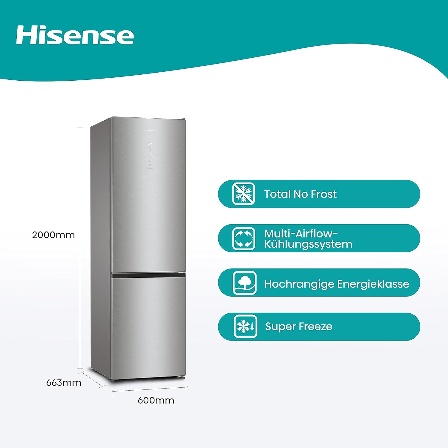 Hisense RB327N4AD2 koel-vriescombinatie/ NoFrostPlus/ Multiflow 360°/ HolidayMode/ FreshZone/ 182,4 cm/ koelgedeelte 171 l/ vriesgedeelte 85 l/ 41 dB/ 287 kWh/ jaar/ roestvrijstalen look