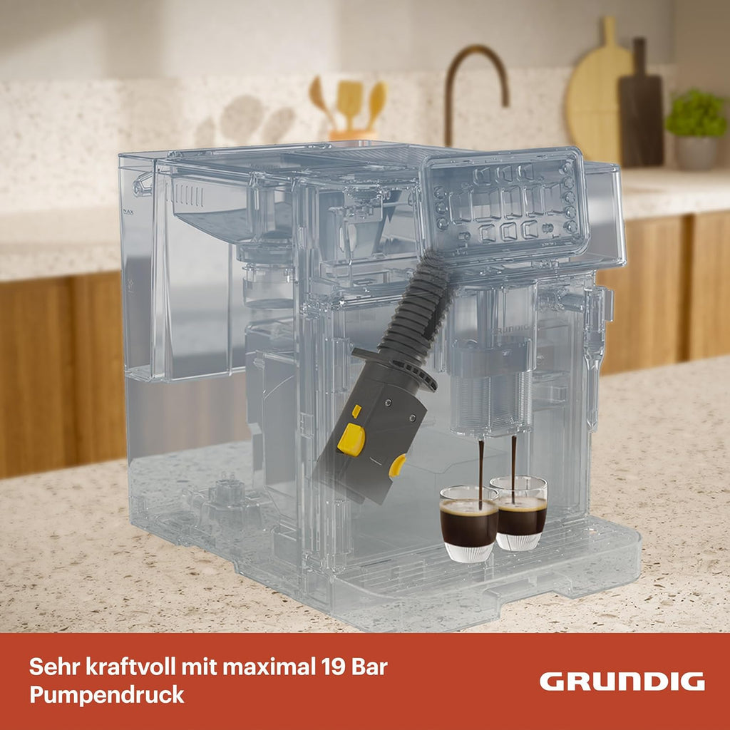 GRUNDIG KVA 7230 volautomatische koffiemachine, 10 koffiespecialiteiten, 13 maalfijnheden, melkreservoir, krachtig 1350 W, 19 bar pompdruk, dubbele uitloop, verlichting, Zwart/Donkerzilver