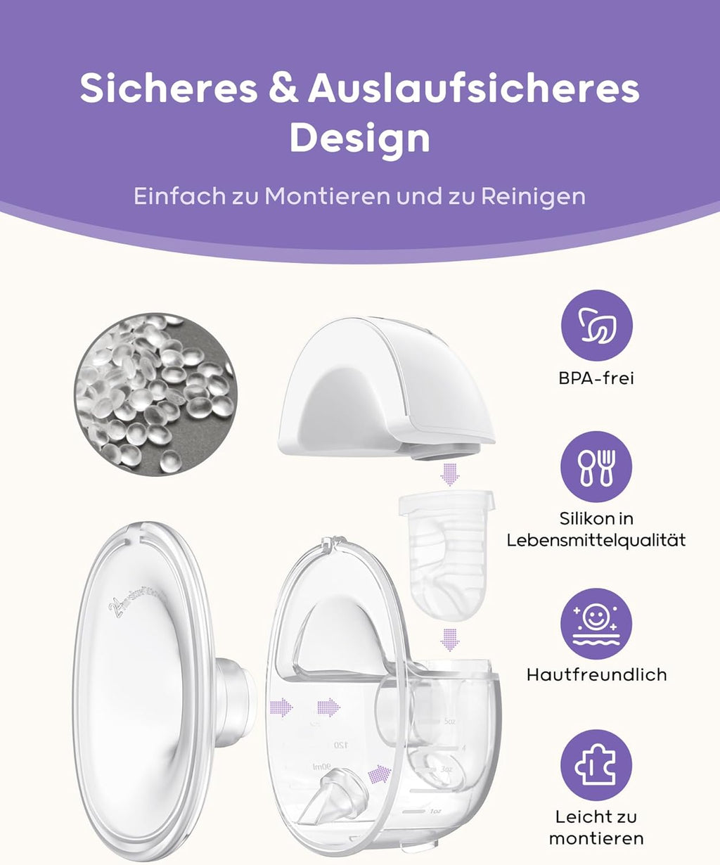 Nuliie Elektrische Borstkolf Draagbare S32, Handsfree Elektrische Borstkolf 4 Modi 9 Niveaus met 18/21/24 mm comfortabele flens, discreet, met reserveonderdelen inbegrepen (2 stuks, wit)