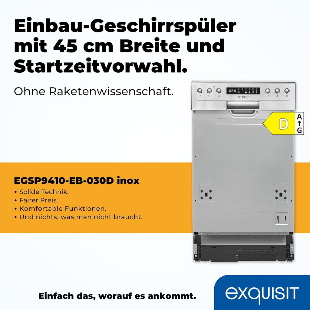 Exquisit Vaatwasser, 45 cm breedte, gedeeltelijk geïntegreerd, 9 couverts, 9 liter, startuitstel, ECO-modus, vaatwasser 45 cm, EGSP51009-EB-030E inox