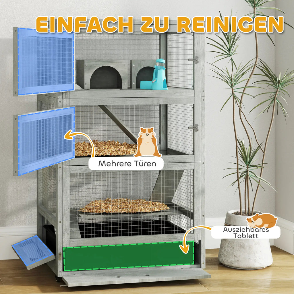PawHut dwerghamsterkooi met meerdere verdiepingen, wieltjes en schoonmaaklade