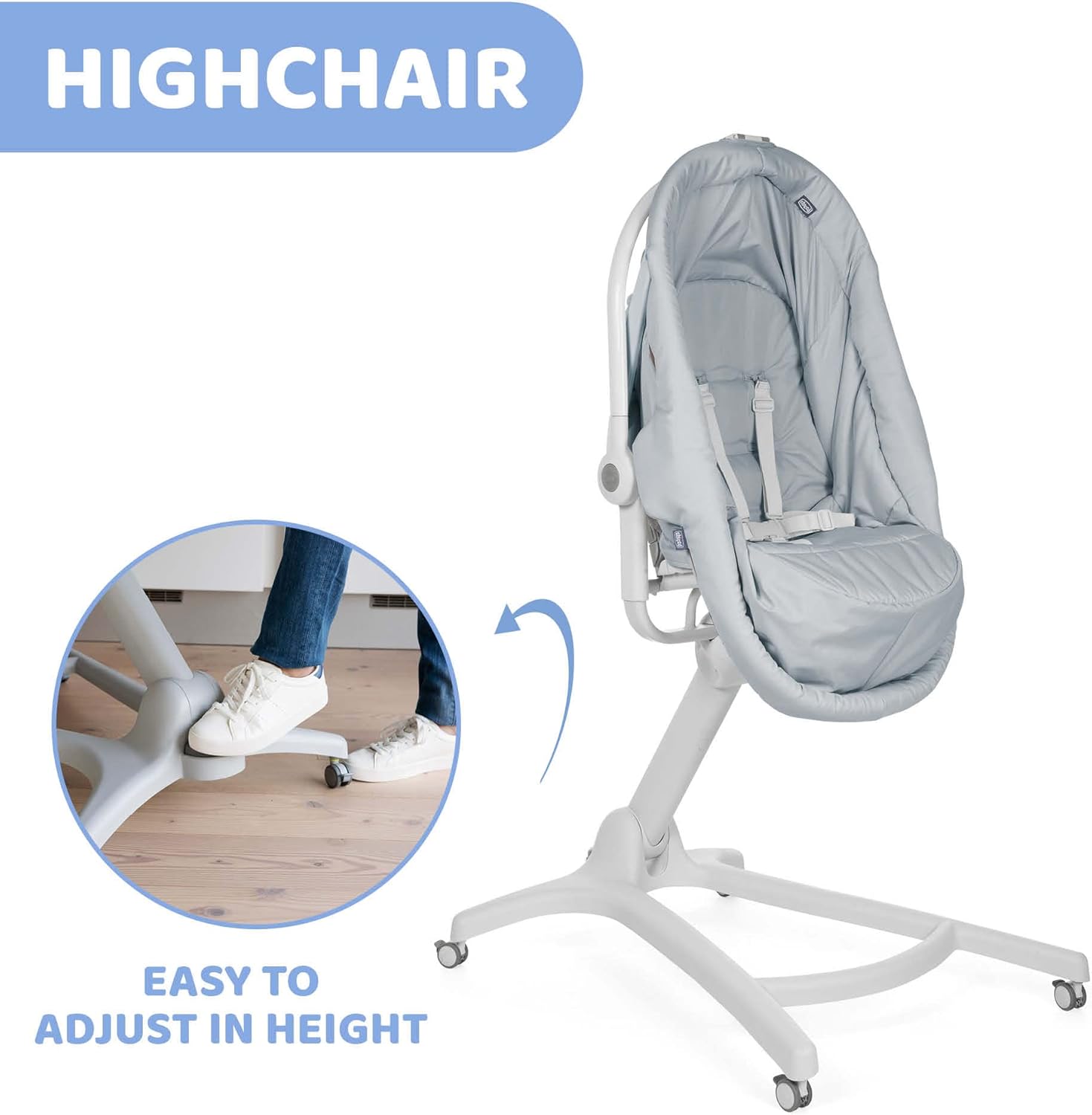 Chicco Baby Hug 4-in-1 wieg vanaf 0 maanden, verhoogde babylounger, babybed, kinderstoel met speelboog, tot 15 kg, verstelbare rugleuning, verstelbare hoogte en 4 wielen