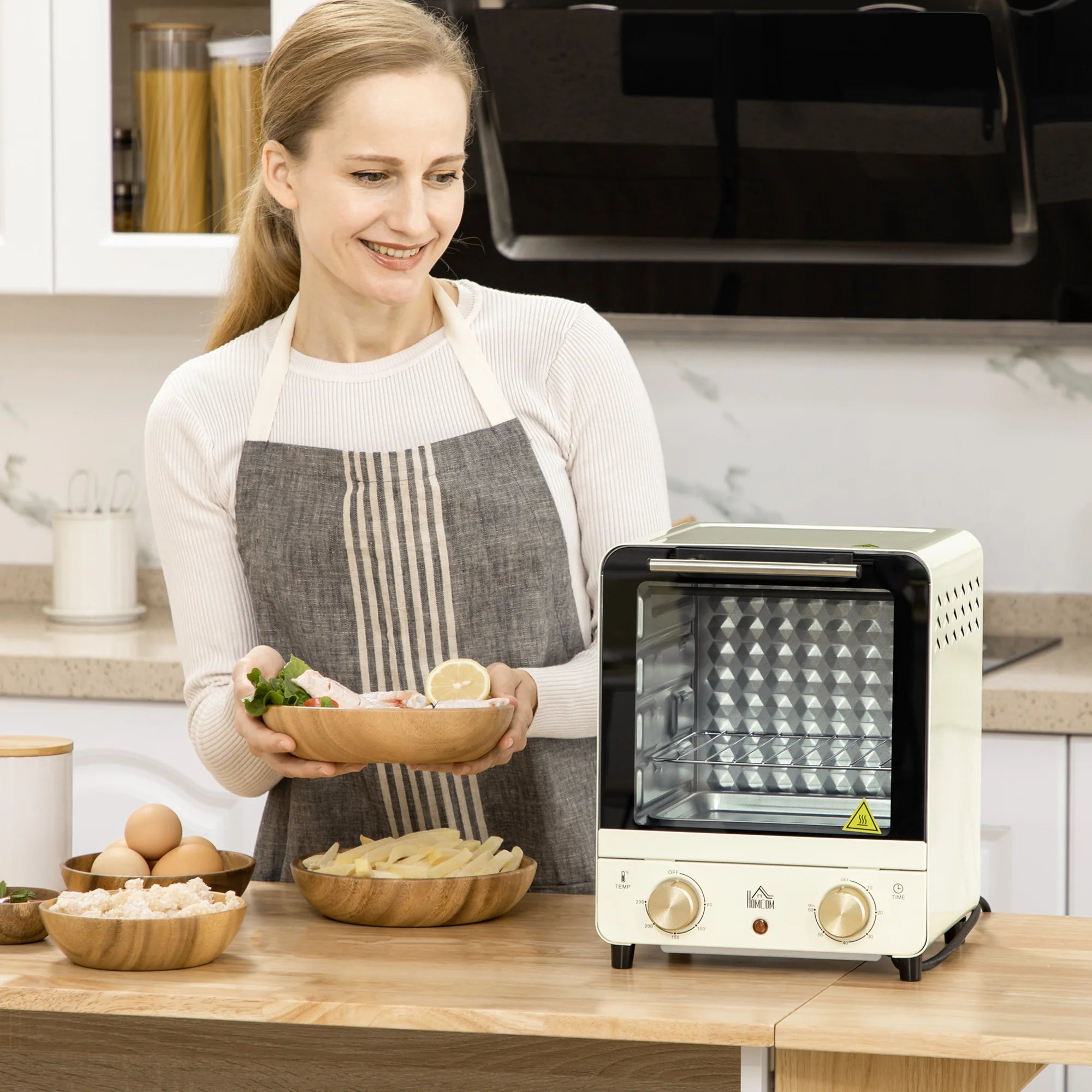 HOMCOM Mini-oven instelbare temperatuur timer kijkvenster crèmewit