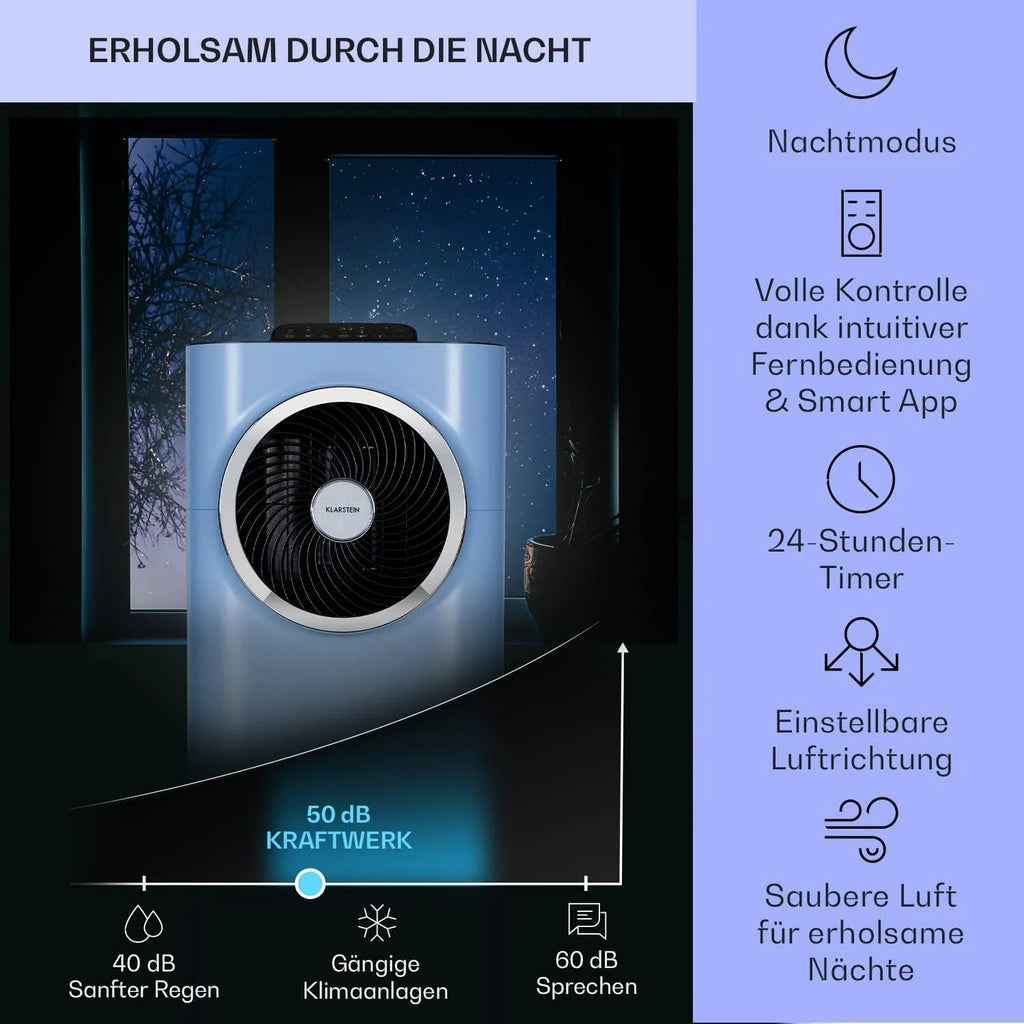 Klarstein Mobile Klimaanlage mit Abluftschlauch, 5-in-1 Klimagerät, Ventilator, Luftentfeuchter, Luftreiniger & Nachtmodus, App-Steuerung, Kleine & Portable, für Wohnung & Büro, 12000 BTU