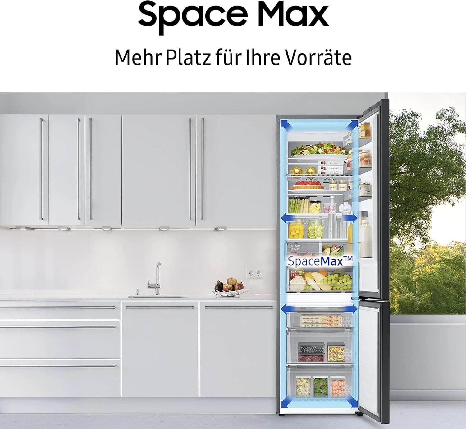 Samsung Koel-vriescombinatie, Koelkast met vriesvak, 203 cm, 390 l totaal volume, 114 l vriesgedeelte, AI Energy Mode, flessenrek, Premium Black Steel, RL38C602CB1/EG