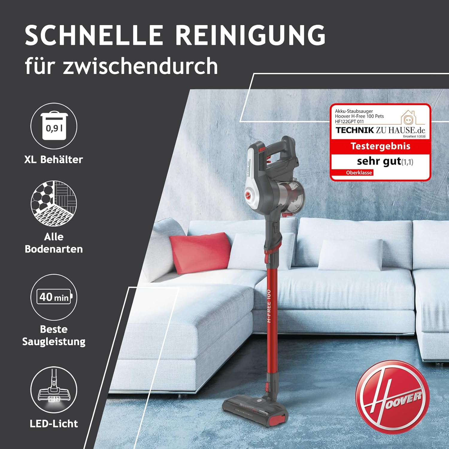 Hoover Accustofzuiger Dierenharen H-FREE 100 PETS zonder zak + dierenmondstuk I tot 40 min. gebruiksduur I snoerloze stofzuiger met LED, XL stofreservoir & parkeerstand I accustofzuiger met kierenzuiger & stofborstel
