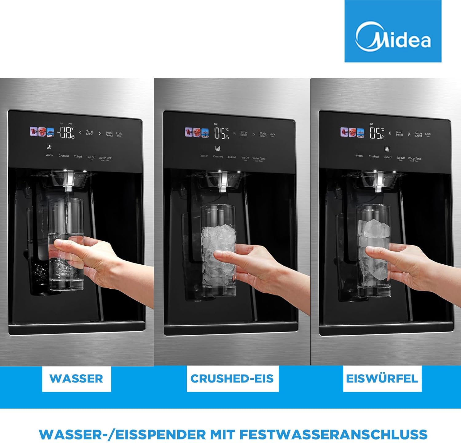 Midea KS-DDX 6.32 WT Amerikaanse koelkast/178,8 cm hoogte/254 kWh/jaar/No Frost/Dual Inverter Compressor/met 3-in-1 water-/ijsdispenser en watertank, Dark Inox
