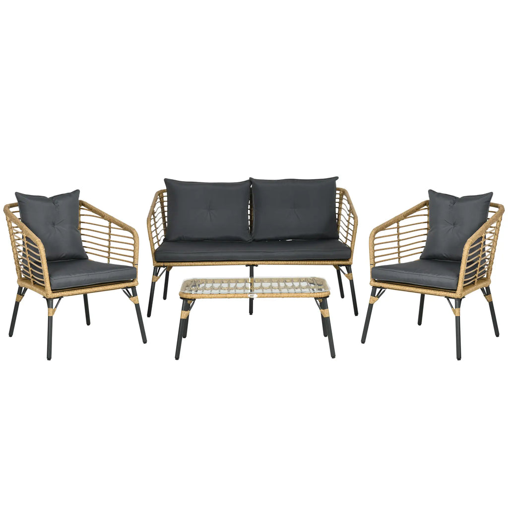Outsunny Polyrattan Tuinbankset 4-delig. Boho-stijl Glazen Salontafel