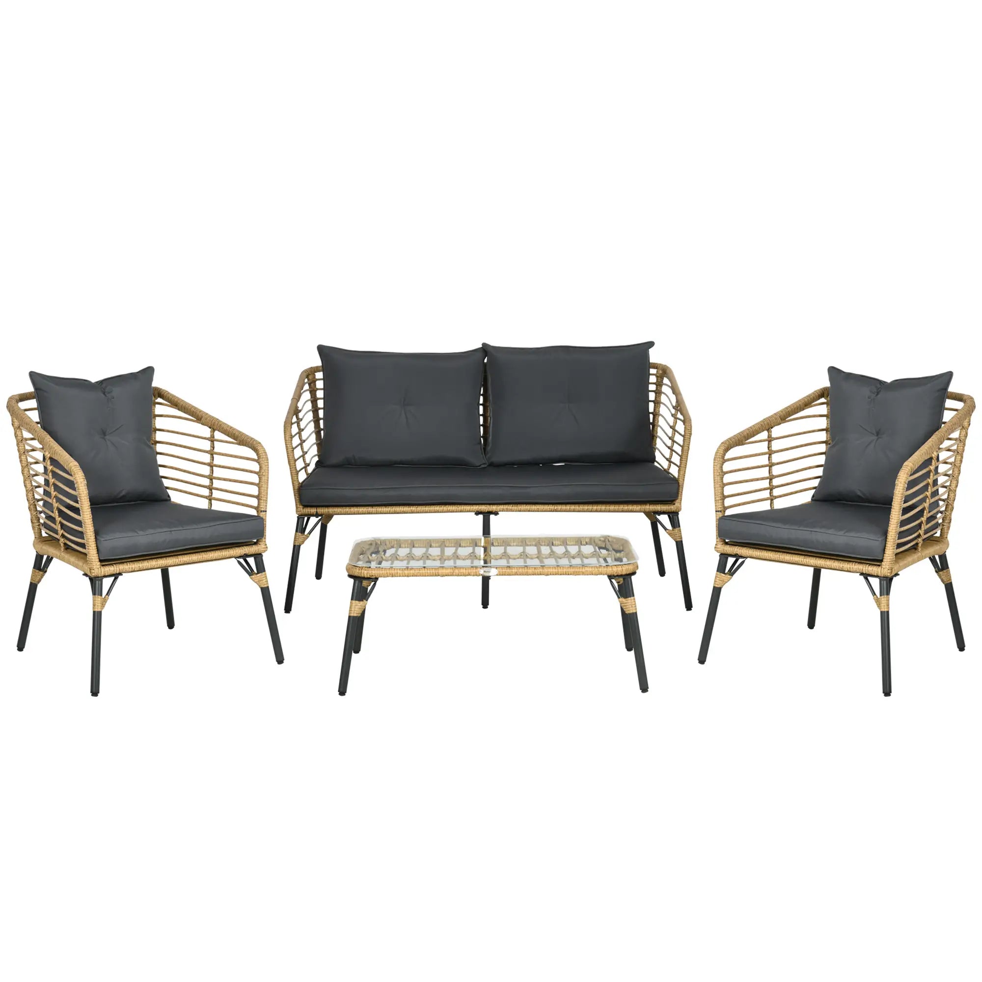 Outsunny Polyrattan Tuinbankset 4-delig. Boho-stijl Glazen Salontafel