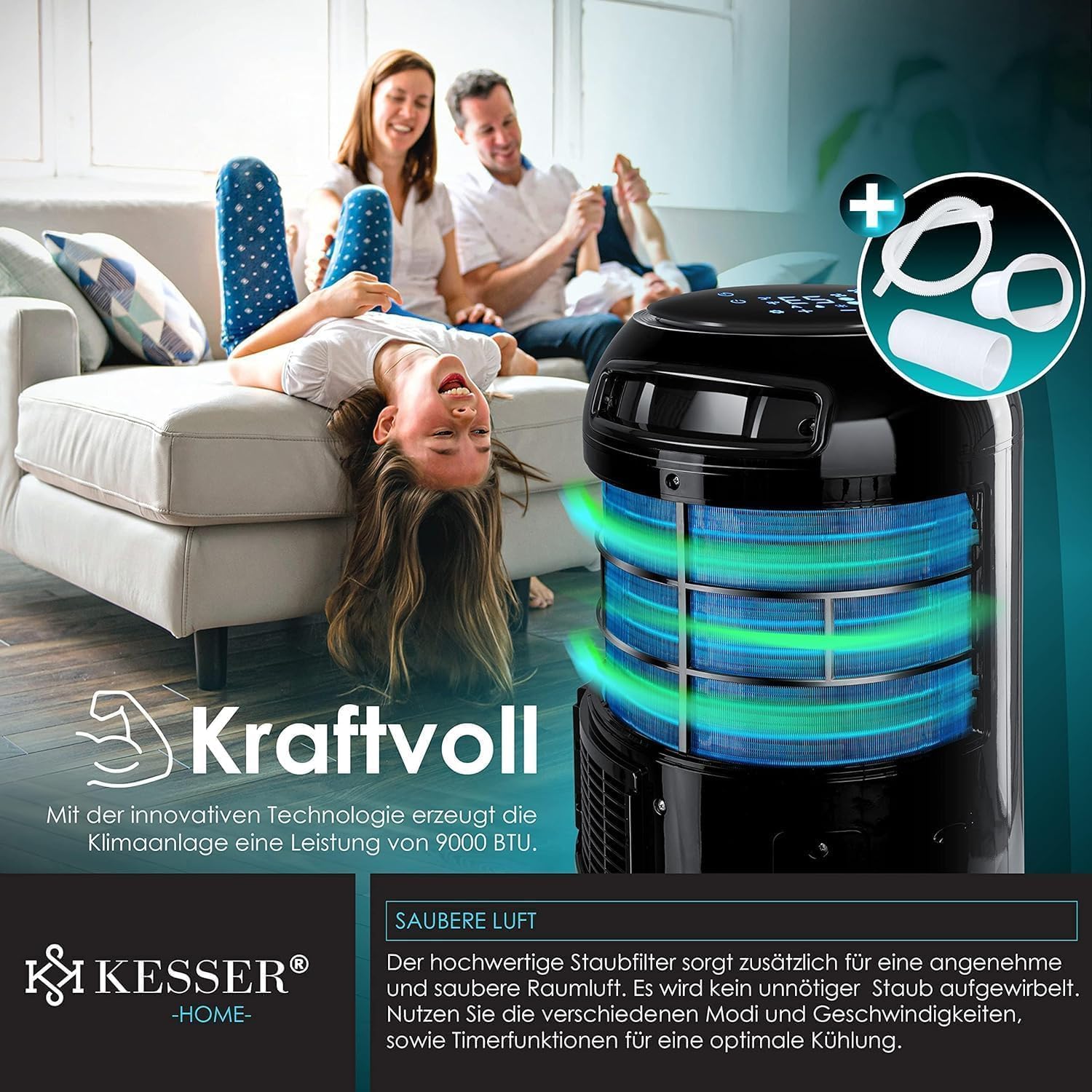 KESSER® Mobiele airconditioning Sky Tower 4-in-1 koelen, ontvochtigen, ventileren, ventilator - 9000 BTU/h (2.600 Watt) 2,7KW - Airco, afstandsbediening en timer, nachtmodus (EEK: D), Zwart