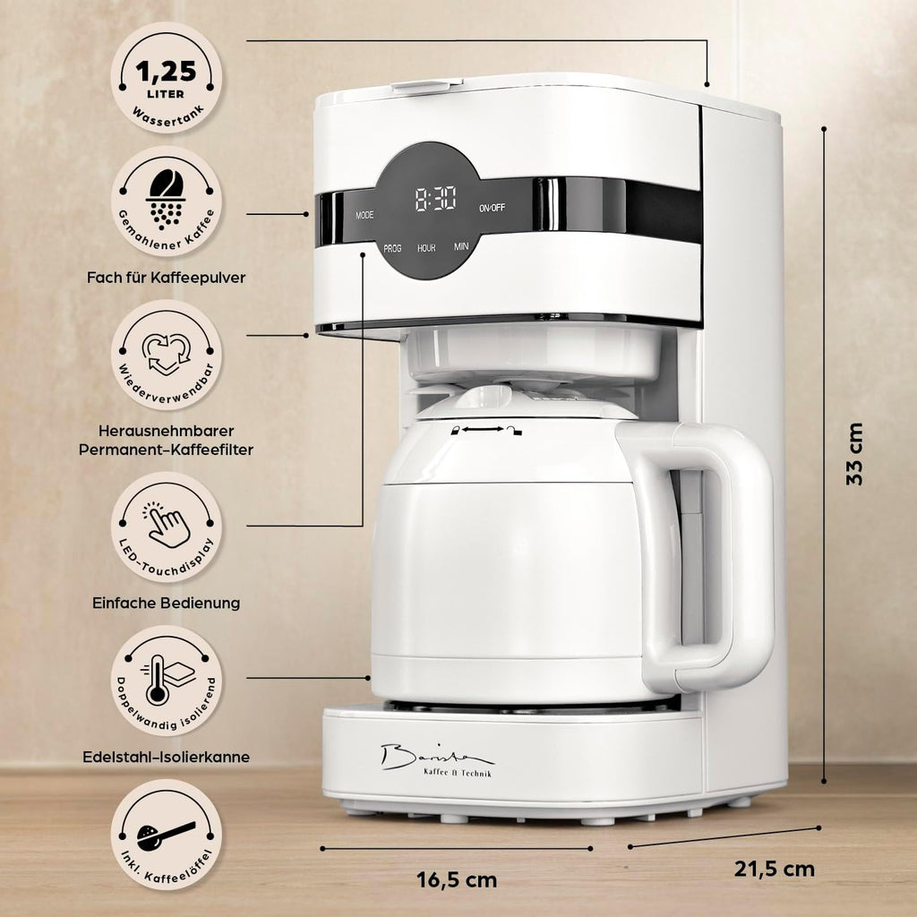 Barista Filterkaffeemaschine mit verstellbarem Mahlwerk & Thermokanne | Warmhaltefunktion, 24h Timer & Permanentfilter | Für 10 Tassen Kaffee | Kaffeemaschine für Bohnen & Pulver [Edelstahl]