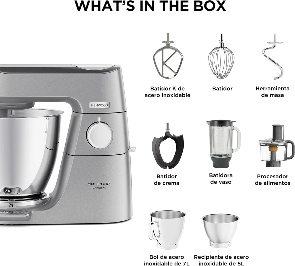 Kenwood Titanium Chef Baker KVL85.424SI Keukenmachine met geïntegreerde weegschaal, incl. 4-delige patisserie set, 7 L en 5 L mengkom, traploze snelheidsregeling, 1200 W, zilver