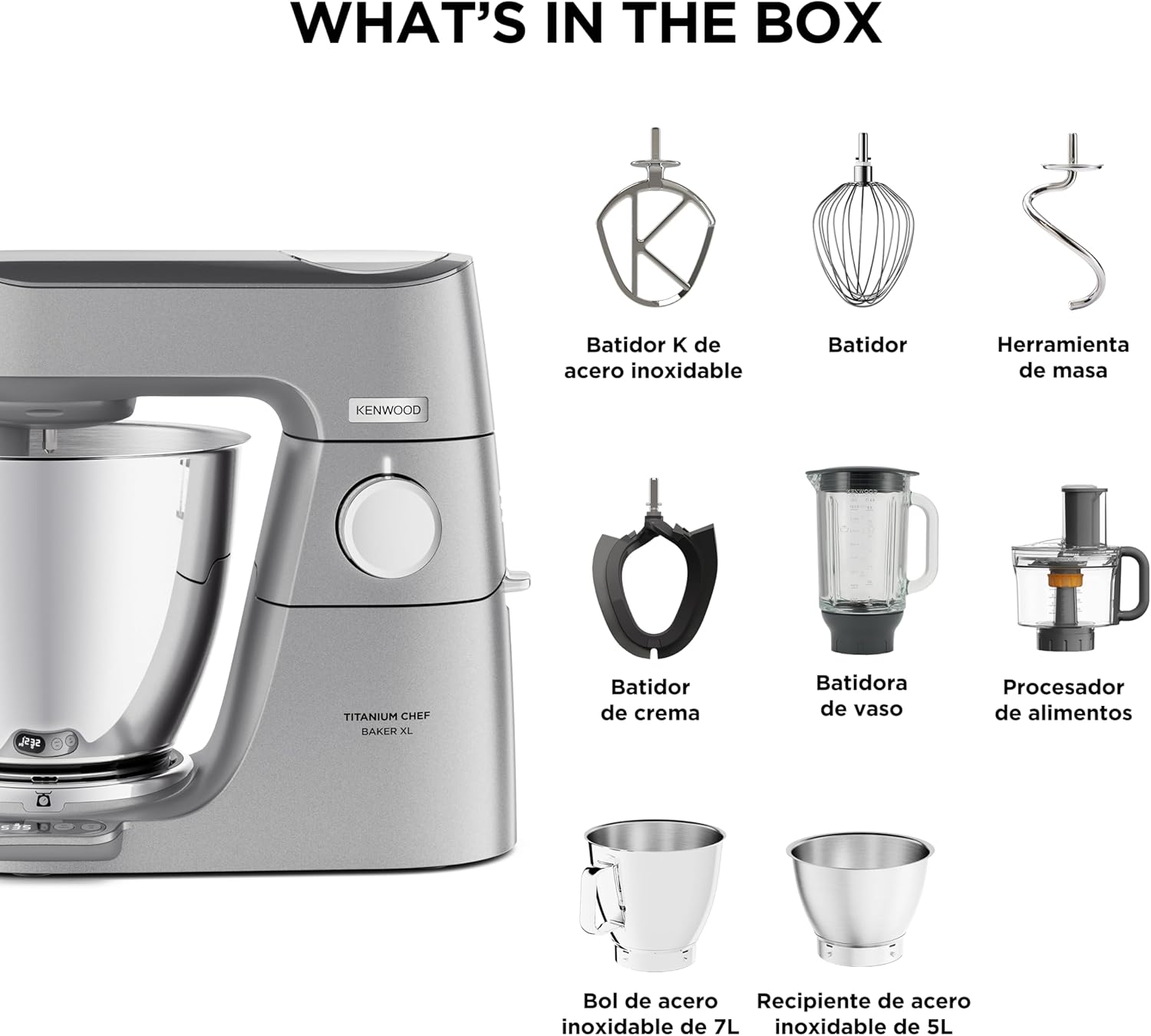 Kenwood Titanium Chef Baker KVL85.424SI Keukenmachine met geïntegreerde weegschaal, incl. 4-delige patisserie set, 7 L en 5 L mengkom, traploze snelheidsregeling, 1200 W, zilver