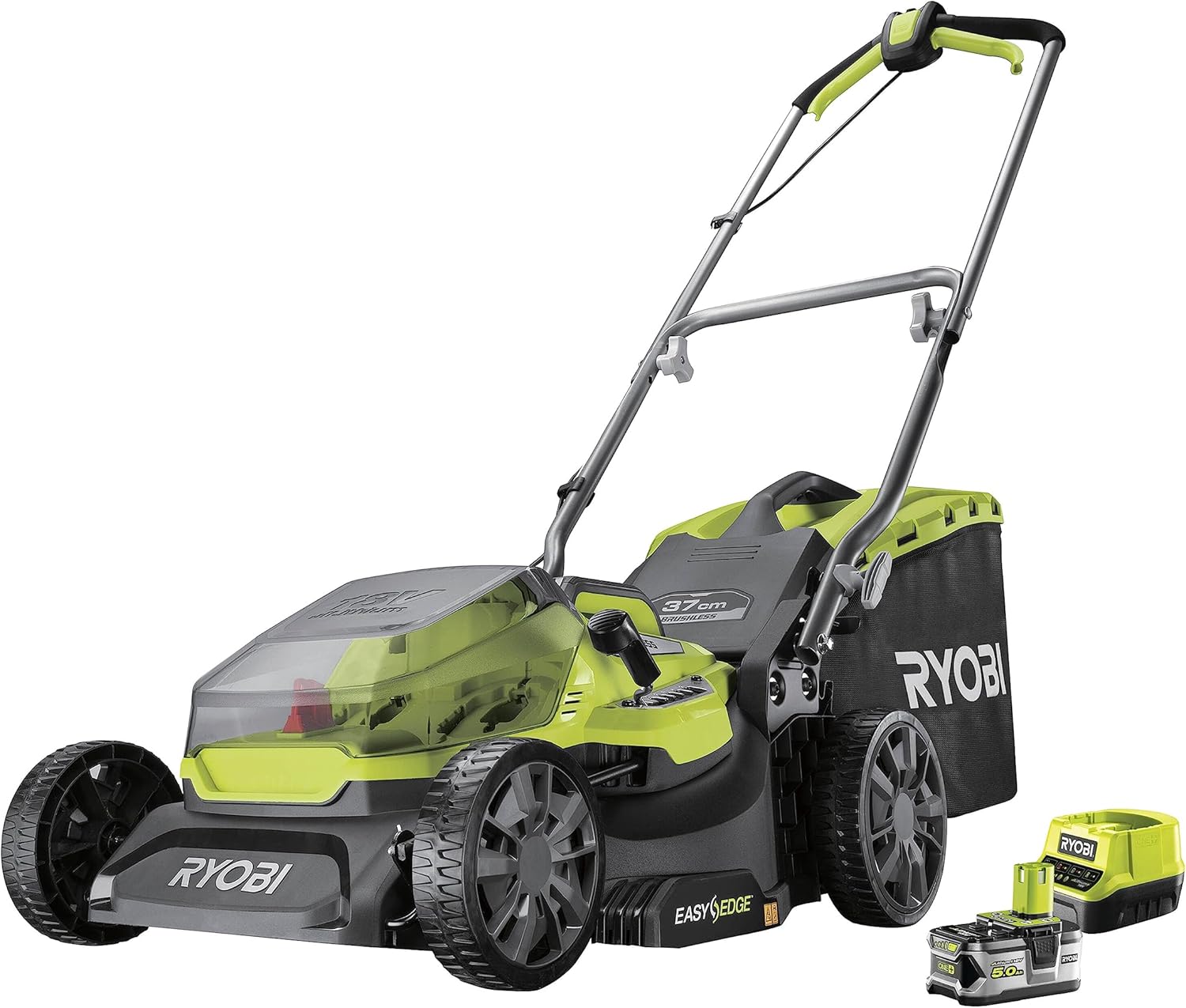 RYOBI 18 V ONE+ Accu-grasmaaier RLM18X33B40 (snijbreedte 33 cm, 5-voudige hoogteverstelling 25-65 mm, inklapbare duwbeugel, incl. mulchplug, 35l grasvangzak, 4,0Ah accu & lader)