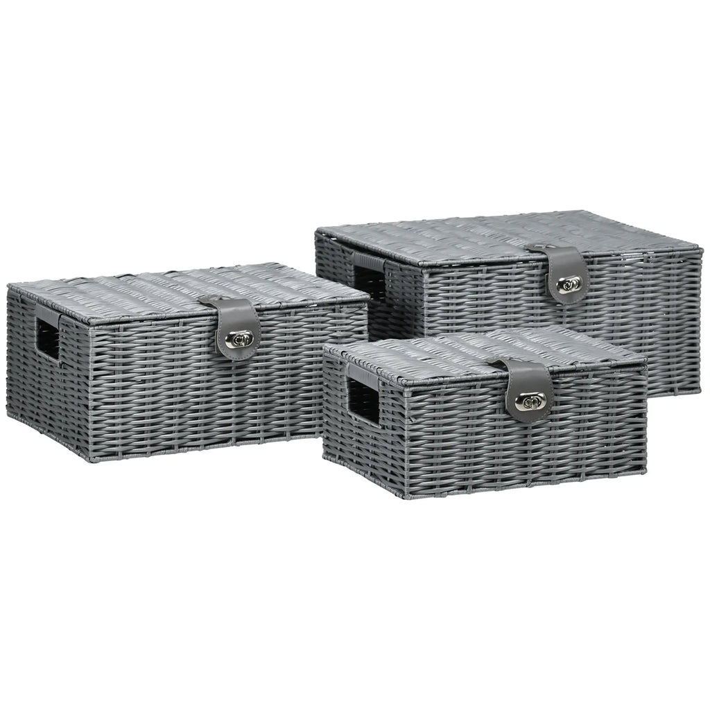 HOMCOM Opbergmand set van 3 handgevlochten met deksel