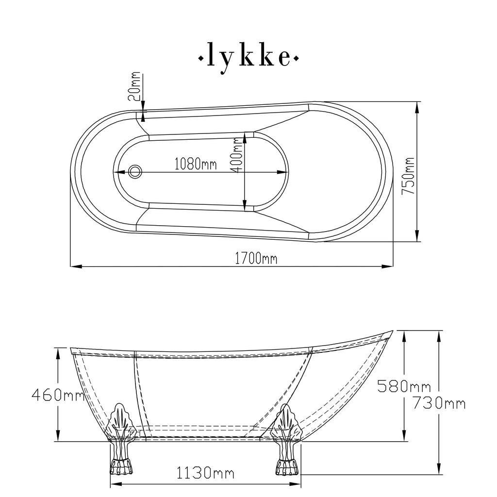 Lykke badkuip met poten Nordic Deluxe 1700x750x730mm, wit