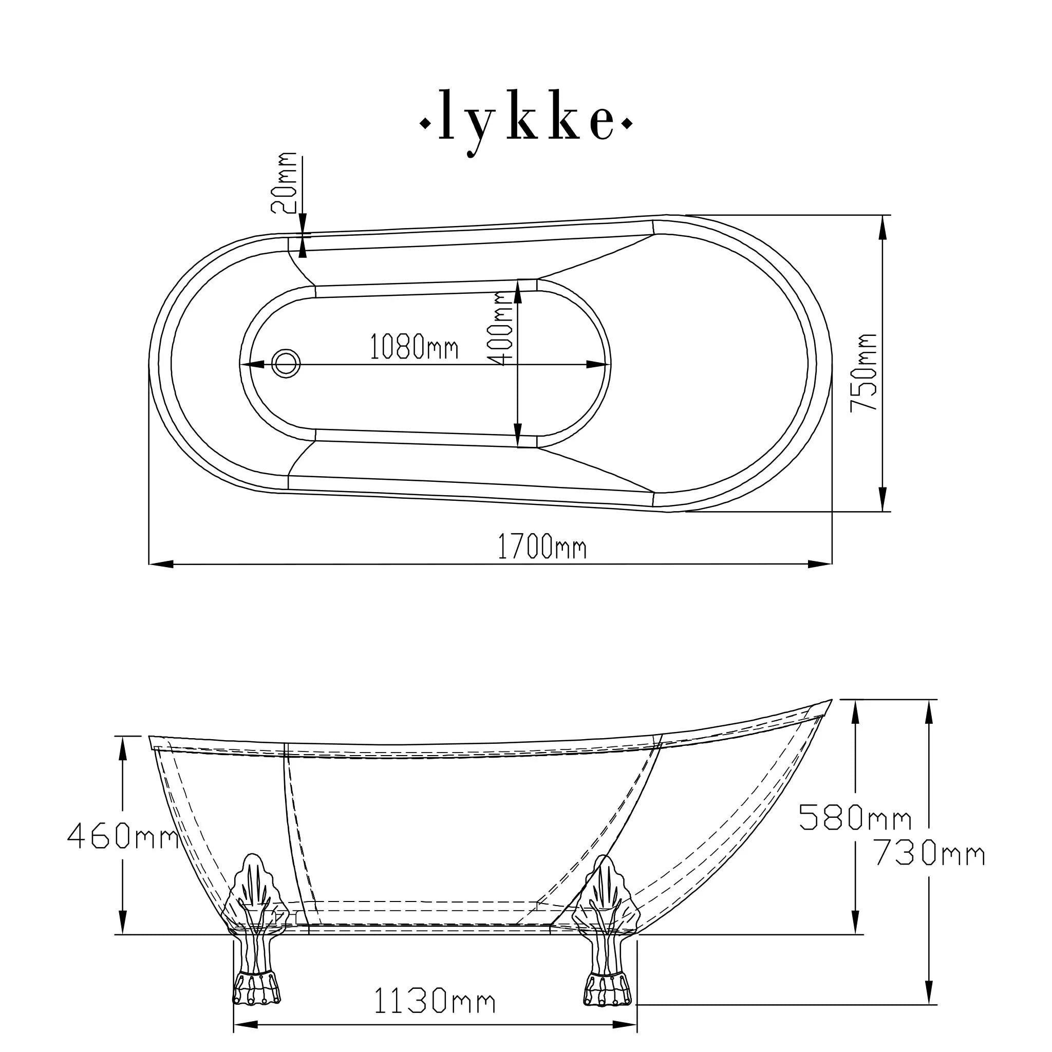 Lykke badkuip met poten Nordic Deluxe 1700x750x730mm, wit