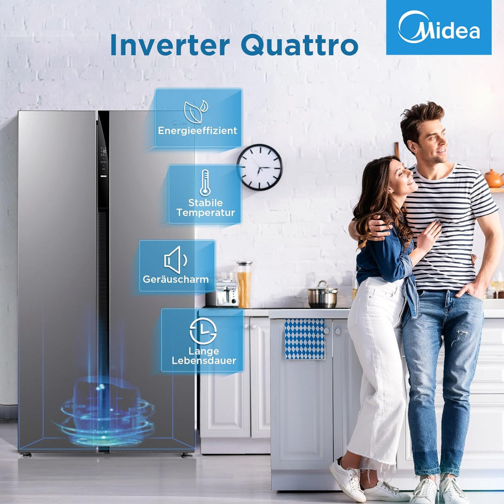 Midea KS-DDX 6.32 WT Amerikaanse koelkast/178,8 cm hoogte/254 kWh/jaar/No Frost/Dual Inverter Compressor/met 3-in-1 water-/ijsdispenser en watertank, Dark Inox