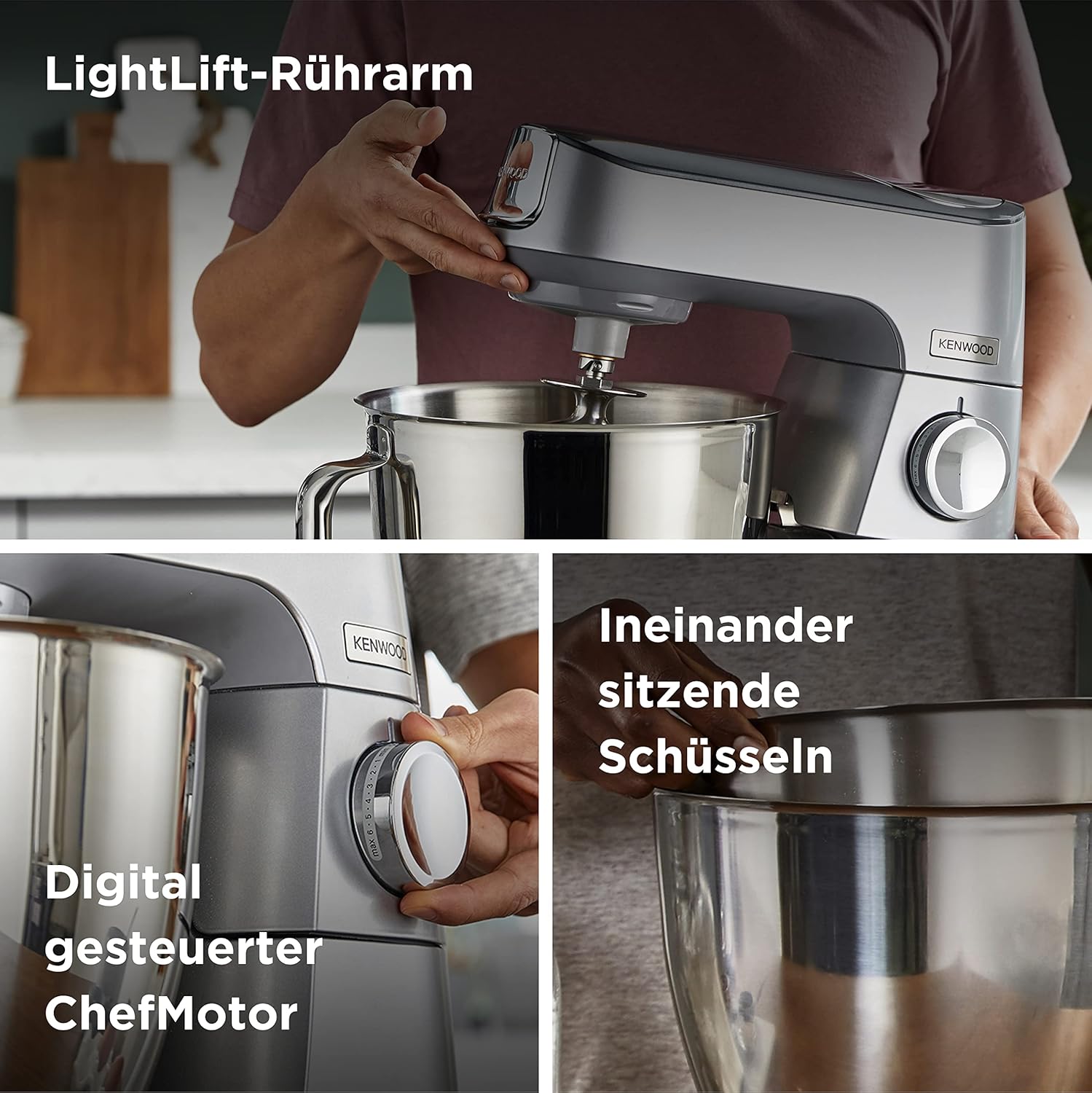 Kenwood Titanium Chef Baker KVL85.424SI Keukenmachine met geïntegreerde weegschaal, incl. 4-delige patisserie set, 7 L en 5 L mengkom, traploze snelheidsregeling, 1200 W, zilver
