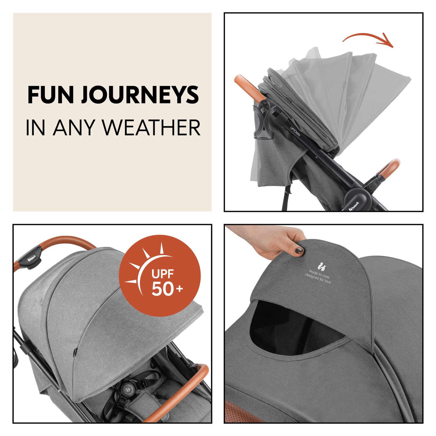 Hauck Uptown Kinderwagen Melange Rose – wandelwagen voor elk terrein, extra grote zitting, vlakke ligstand, rubberen wielen, vering, compact en eenvoudig inklapbaar, met regenhoes