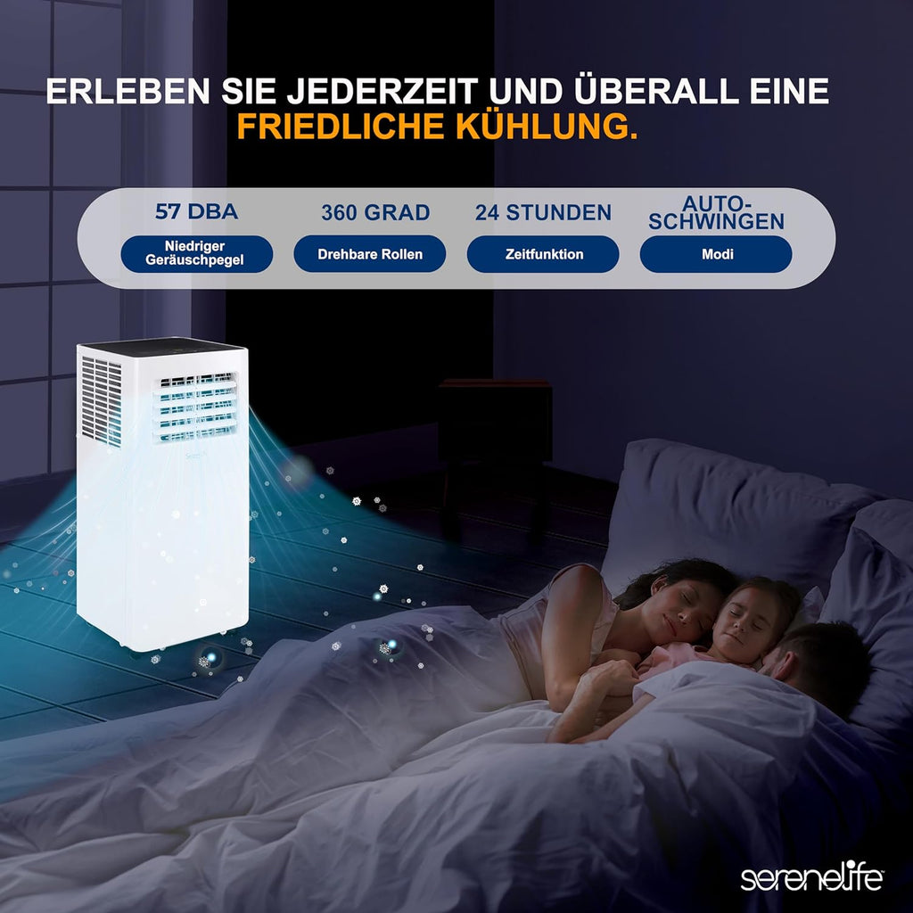 SereneLife 3-in-1 Mobiele Airconditioner met Afvoerslang – Klimaatregelaar als Luchtkoeler, Ventilator & Luchtontvochtiger – Mini Airco voor Ruimtes tot 28 m2 – Luchtkoeler voor Thuis & Kantoor 10.000 BTU