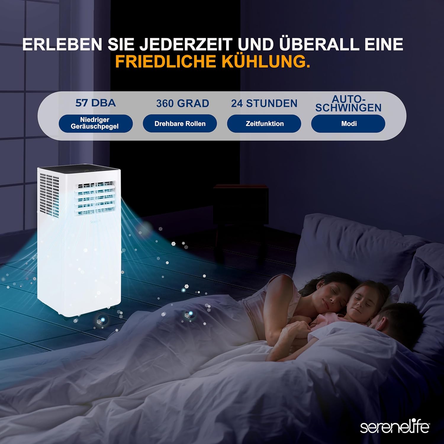 SereneLife 3-in-1 Mobiele Airconditioner met Afvoerslang – Klimaatregelaar als Luchtkoeler, Ventilator & Luchtontvochtiger – Mini Airco voor Ruimtes tot 28 m2 – Luchtkoeler voor Thuis & Kantoor 10.000 BTU