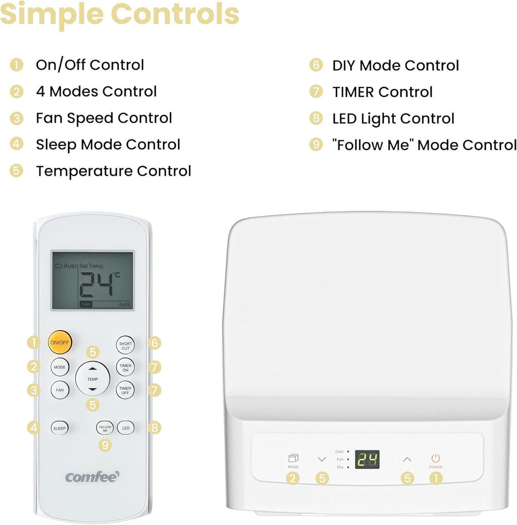 Comfee Mobiele Airconditioner MPD1-12CRN7, 12000 BTU 3,5 kW, Koelen&Ventileren&Ontvochtigen, Kamergrootte tot 117m³ (43㎡), Mobiele Airconditioner met Afvoerslang
