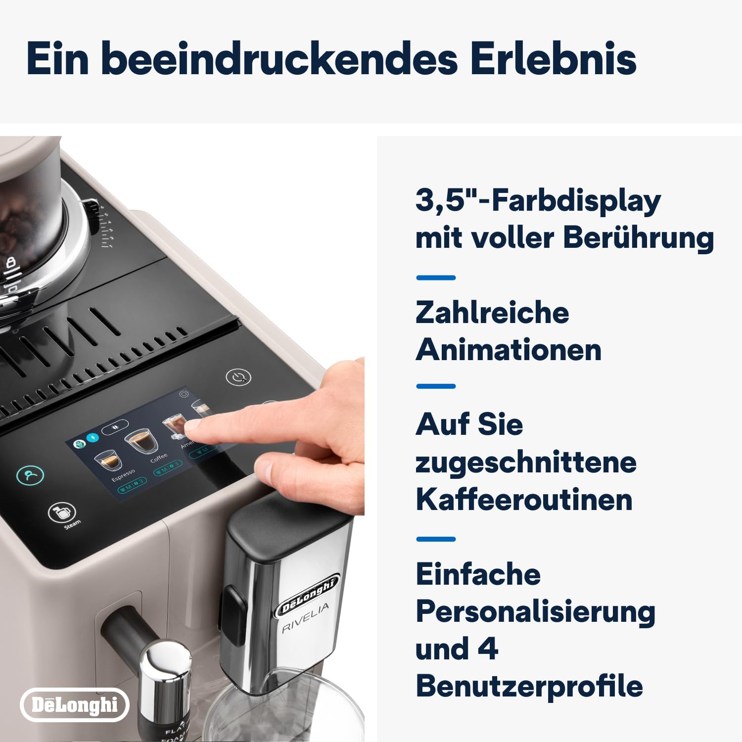 De'Longhi Rivelia EXAM440.55.W volautomatische espressomachine met LatteCrema-melksysteem, verwisselbaar bonenreservoir, 16 koffie- en melkdranken met één druk op de knop, Extra-Shot-functie, 3,5 inch touchscreen, wit