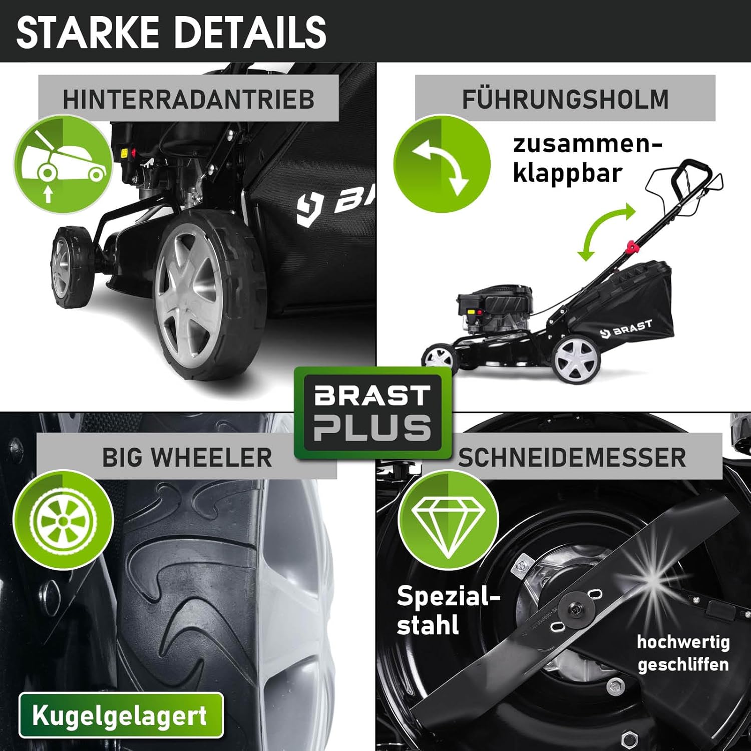 BRAST Benzine grasmaaier met aandrijving | 3,0 kW (4,1 pk) | Elektrische start | 41 cm maaibreedte | vele modellen | TÜV | 4-takt OHV-motor | 25-75 mm maaihoogte | 40 L opvangbak | Stalen behuizing | 16145 Estart