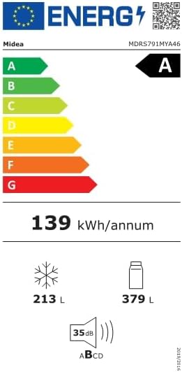 Midea KS-DDX 6.32 WT Amerikaanse koelkast/178,8 cm hoogte/254 kWh/jaar/No Frost/Dual Inverter Compressor/met 3-in-1 water-/ijsdispenser en watertank, Dark Inox