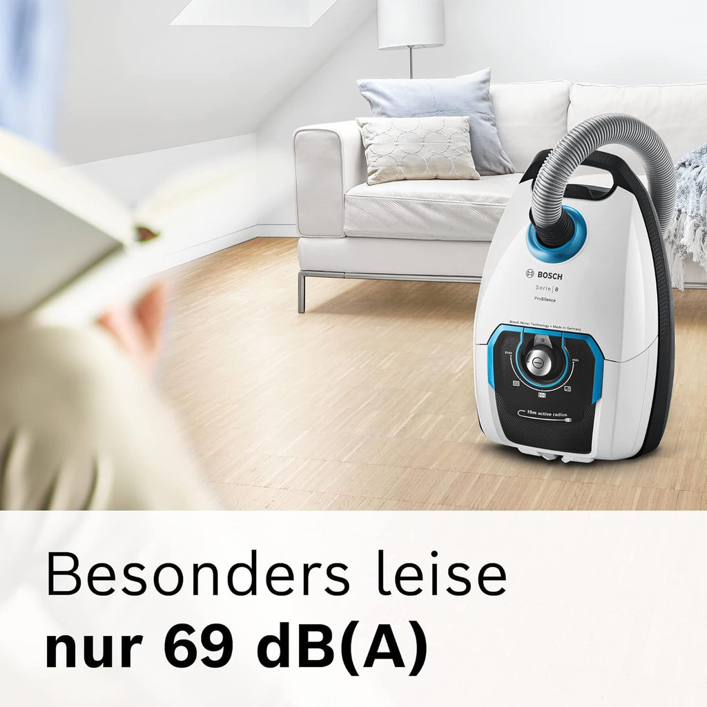 Bosch Stofzuiger met zak Serie 8 BGB75X494, sledestofzuiger, ideaal voor mensen met allergieën, hygiënefilter, vloermondstuk voor parket, tapijt, tegels, lange kabel, stil, 650 W, blauw