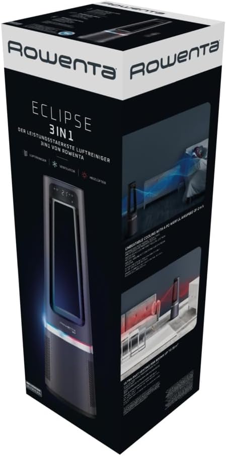 Rowenta QU5062 Eclipse 3in1 Luchtreiniger, ventilator, kachel, filtert 99,9% van de deeltjes, voor kamers tot 30 m2, snelle verwarming tot 35°C, automatische dag- en nachtmodus, zwart/grijs