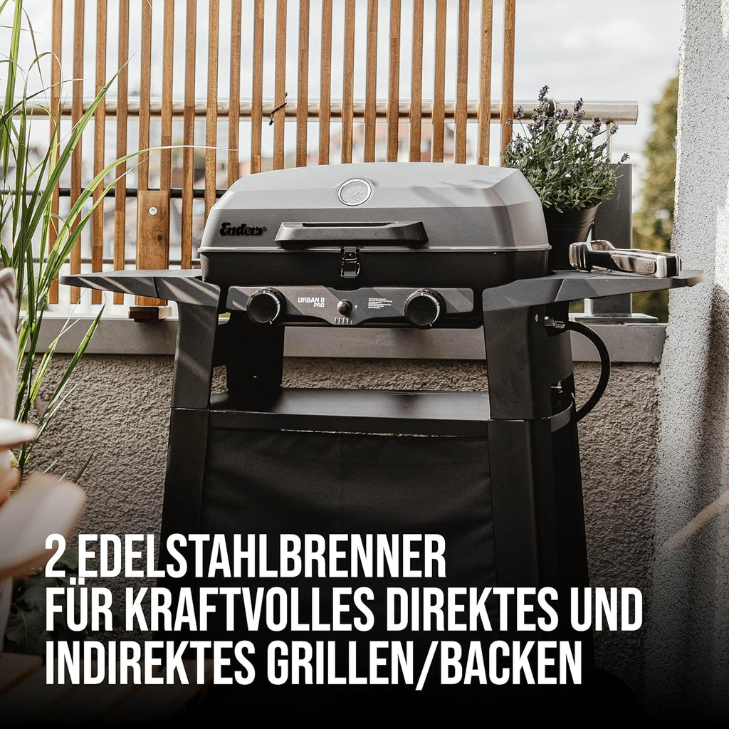 Enders Gasbarbecue Urban II Pro, tafelbarbecue, grill-, kook- en bakfunctie, 2 branders RVS, met grillthermometer, balkon-, campingbarbecue, gegoten aluminium behuizing, gietijzeren rooster, #2062