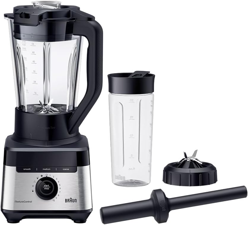 Braun PowerBlend 9 JB9040 Krachtige Blender – Blender met Tritan kan, 18 mixprogramma's, 10 snelheden + pulsfunctie, hete soepfunctie, reinigingsprogramma, uitschenktuit, 1600 W, Zwart