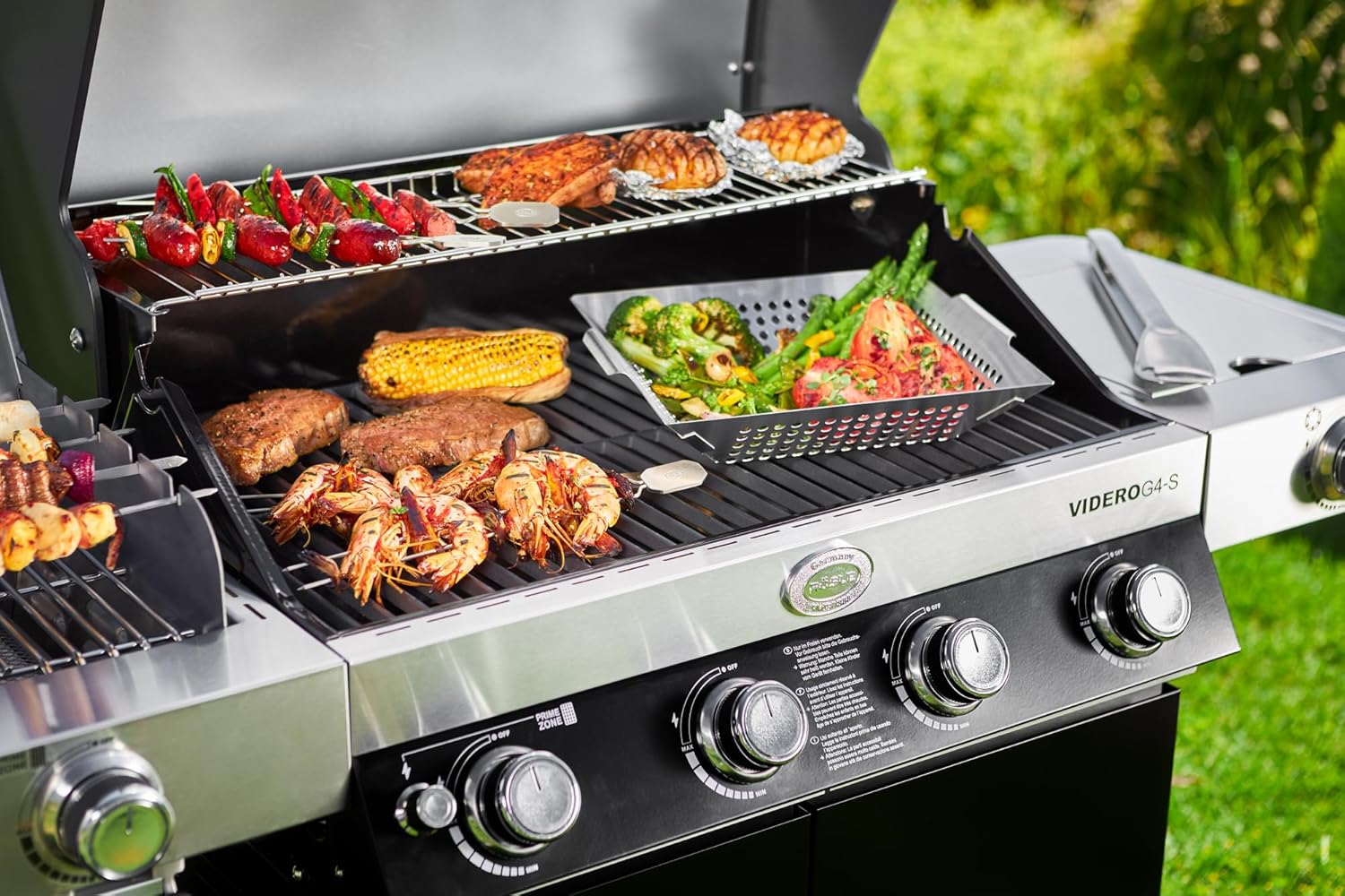 RÖSLE Elektrische BBQ-grill Portable Videro E2-P, draagbare tafelgrill met 2 branders, warmhoudrooster en deksel met glasplaat, gepoedercoat staal, zwart/zilver
