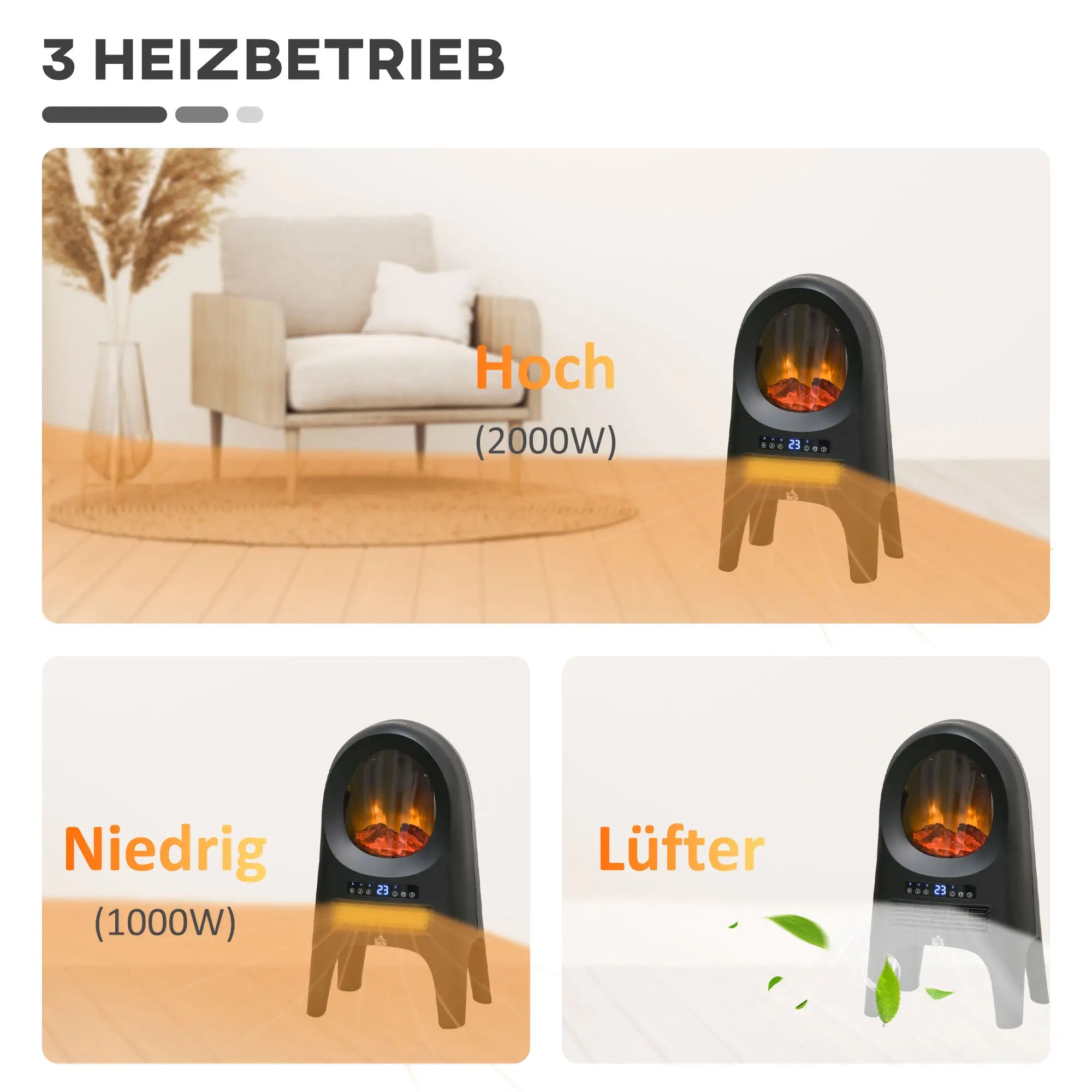 HOMCOM Elektrische verwarming ventilator LED-vlameffect afstandsbediening