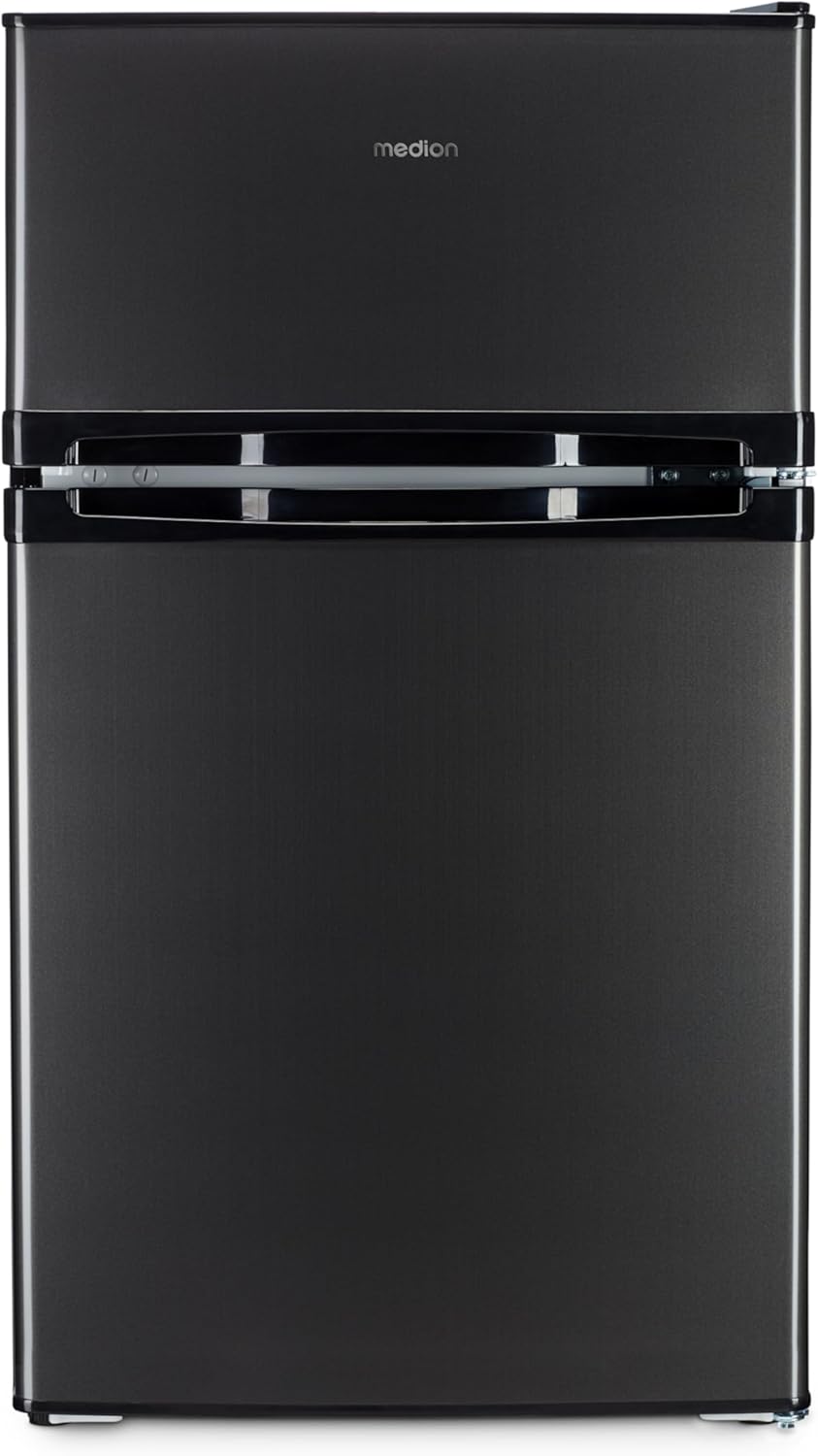 MEDION Mini koel-vriescombinatie (85 liter, 61L koelgedeelte, 24L vriesgedeelte, vrijstaand, 40 dB, transparante groentelade, deurscharnier omkeerbaar, MD 37689) grijs