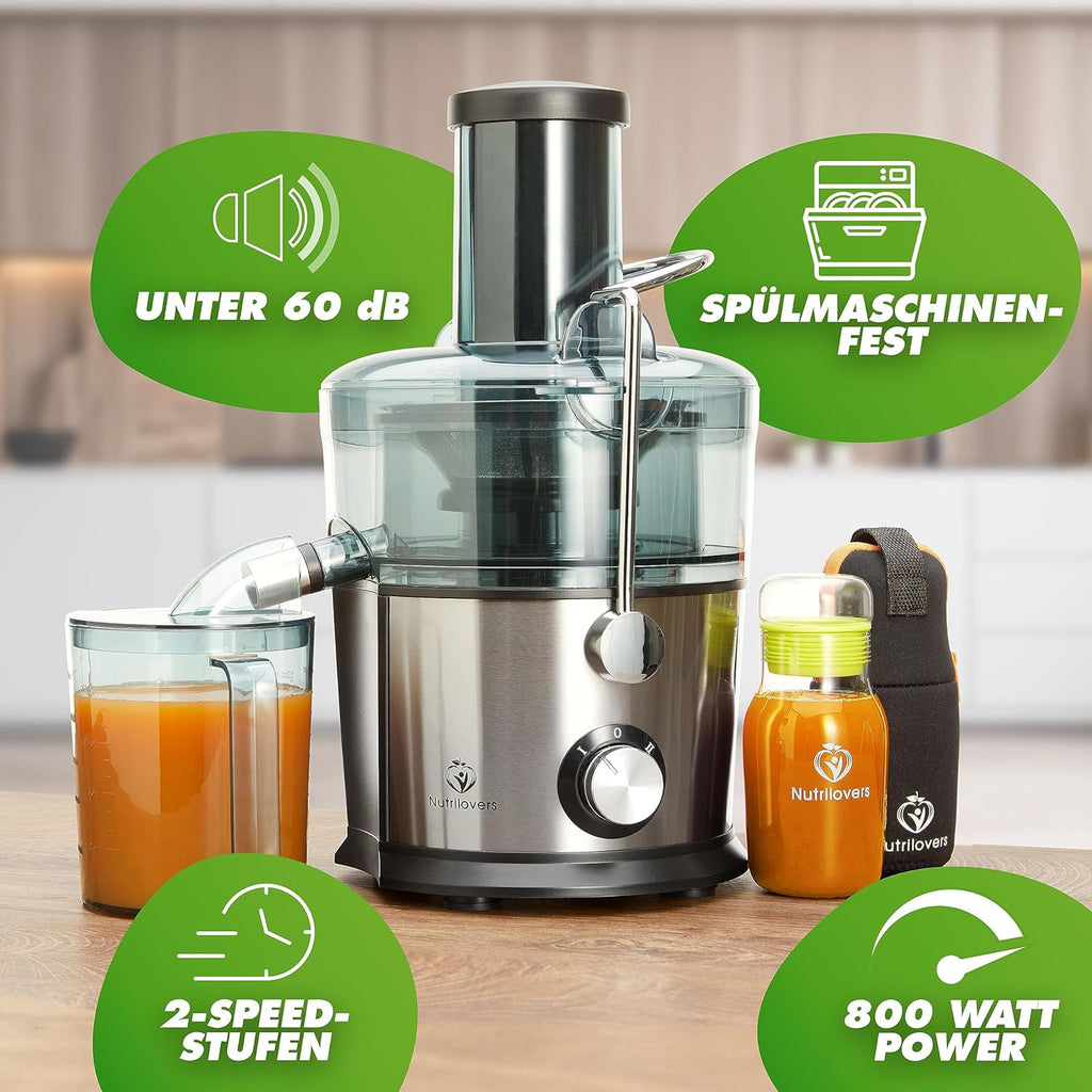 Nutrilovers *Testwinnaar* QUICK-JUICER Sapcentrifuge RVS Fruit en Groenten I XXL-vulling voor hele vruchten persen, 800W, 2 snelheden, BPA-vrij incl. drinkfles + receptenboek & app