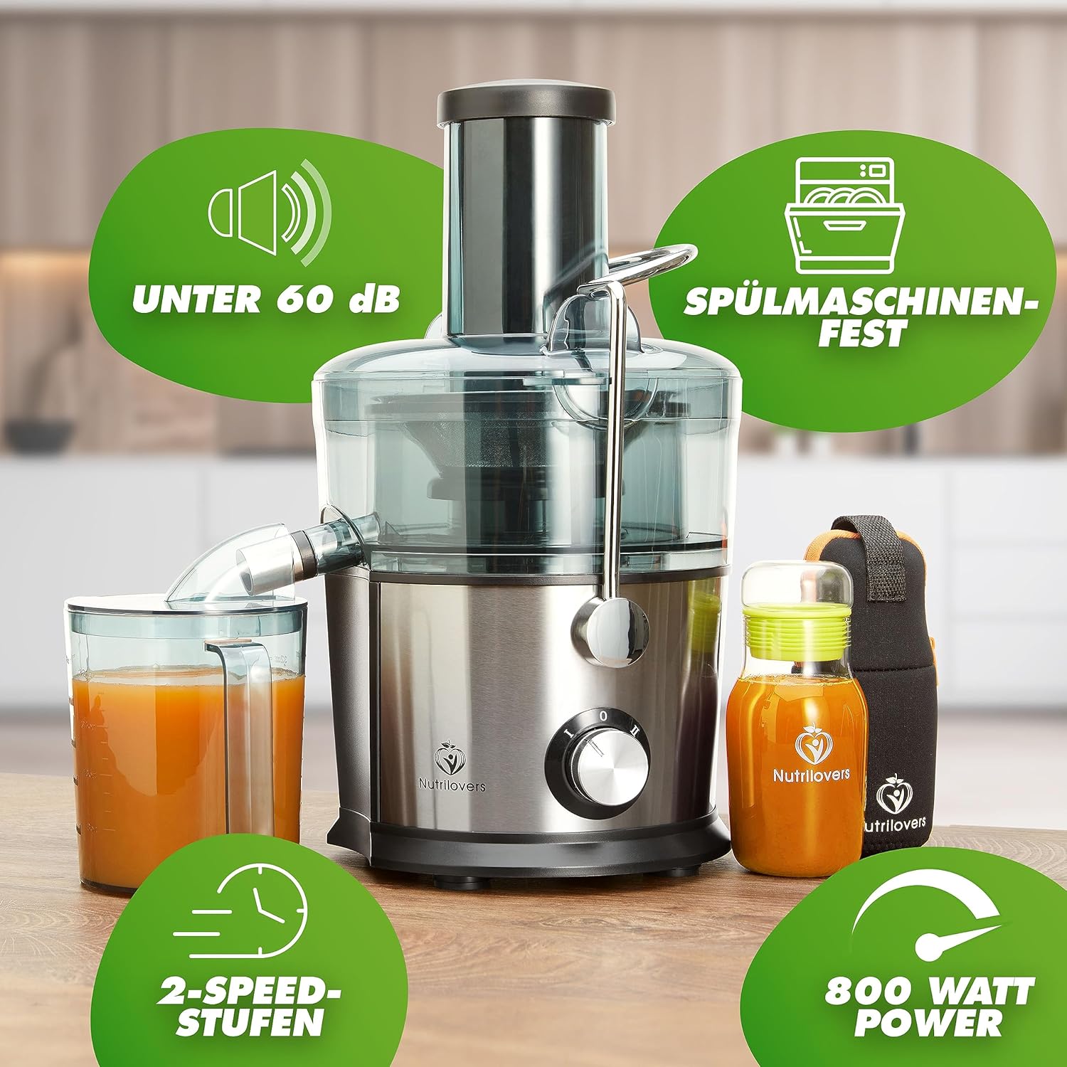 Nutrilovers *Testwinnaar* QUICK-JUICER Sapcentrifuge RVS Fruit en Groenten I XXL-vulling voor hele vruchten persen, 800W, 2 snelheden, BPA-vrij incl. drinkfles + receptenboek & app