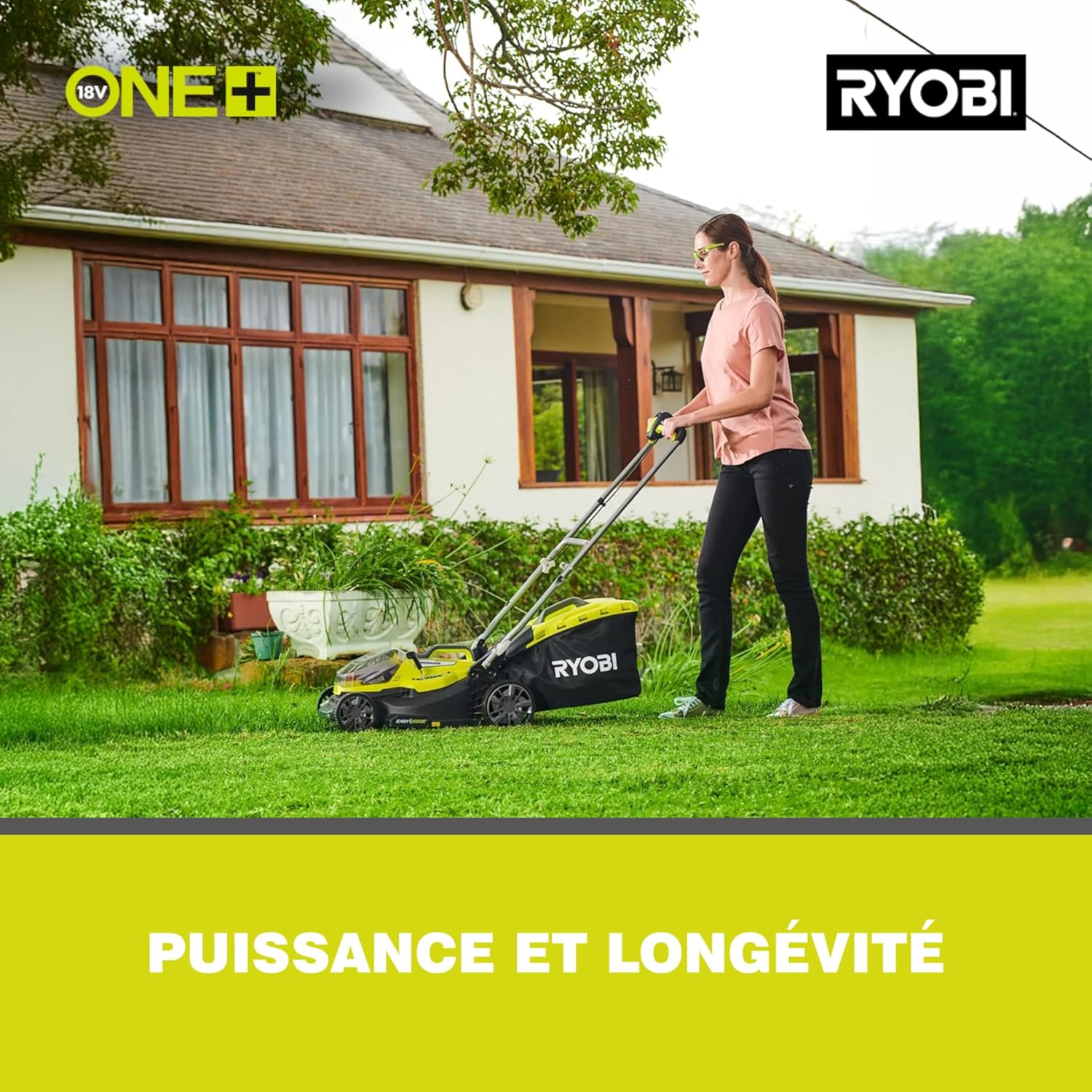 RYOBI 18 V ONE+ Accu-grasmaaier RLM18X33B40 (snijbreedte 33 cm, 5-voudige hoogteverstelling 25-65 mm, inklapbare duwbeugel, incl. mulchplug, 35l grasvangzak, 4,0Ah accu & lader)