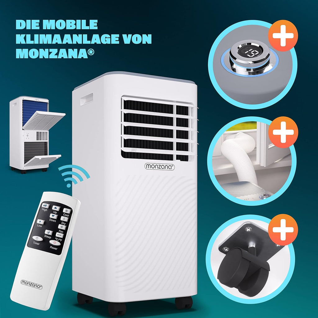 Monzana mobiele airconditioner MZKA2000 afvoerslang 7000BTU 3-in-1 750W 24h timer 25m² afstandsbediening ontvochtiger rolluikkit airco